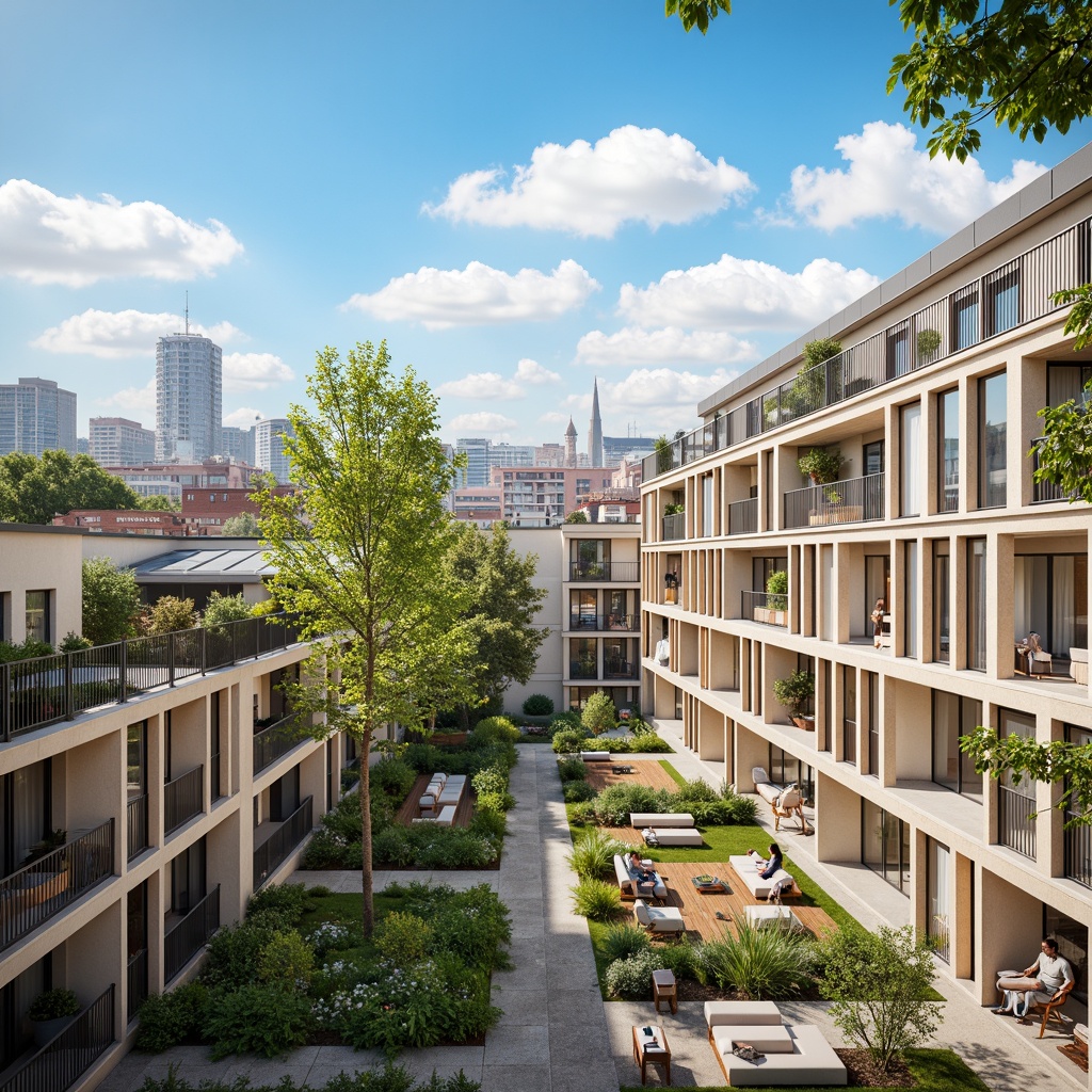 Prompt: Vibrant social housing complex, modern architectural style, energy-efficient buildings, large windows with minimalist frames, double glazing, solar panels, green roofs, balconies with metal railings, urban cityscape, blue sky with fluffy white clouds, warm sunlight, soft shadows, 1/1 composition, realistic textures, ambient occlusion, cozy interior spaces, comfortable seating areas, natural wood accents, pastel color schemes, geometric patterns on curtains and upholstery.