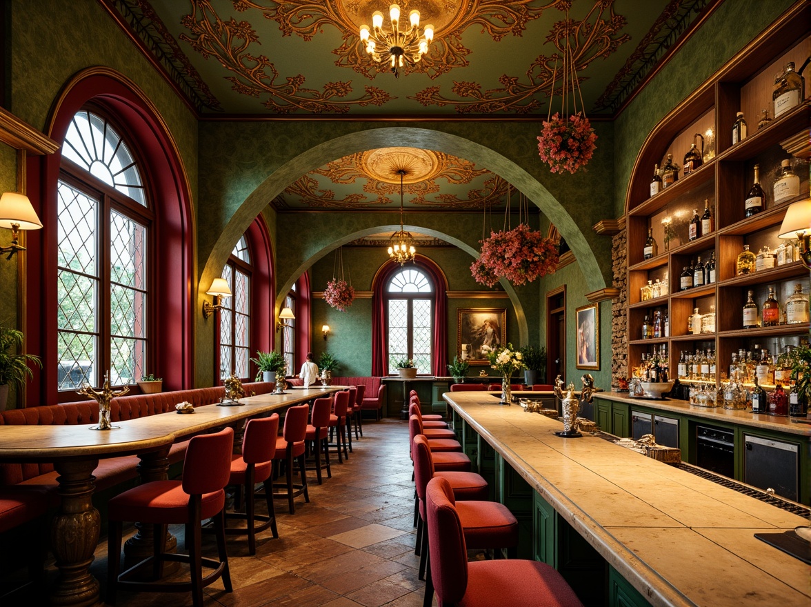 Prompt: Richly ornate bar, Art Nouveau architecture, curved lines, flowing patterns, golden accents, emerald green walls, crimson red doors, warm beige marble countertops, polished brass fixtures, stained glass windows, soft warm lighting, velvety textures, luxurious atmosphere, intimate seating areas, intricate moldings, organic forms, whimsical details, vintage charm, ornate chandeliers, lavish decorations.