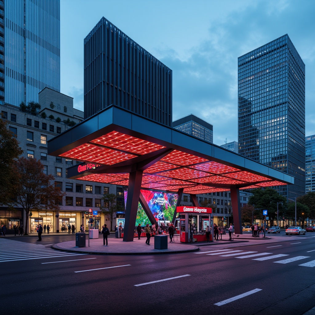 Prompt: Futuristic gas station, sleek metal canopy, neon LED lights, angular lines, minimalist design, modernist architecture, bold color schemes, geometric patterns, reflective glass surfaces, cantilevered roofs, steel beams, industrial materials, urban landscape, city streets, busy intersection, rush hour atmosphere, dramatic lighting, high contrast shadows, 3/4 composition, shallow depth of field, panoramic view.