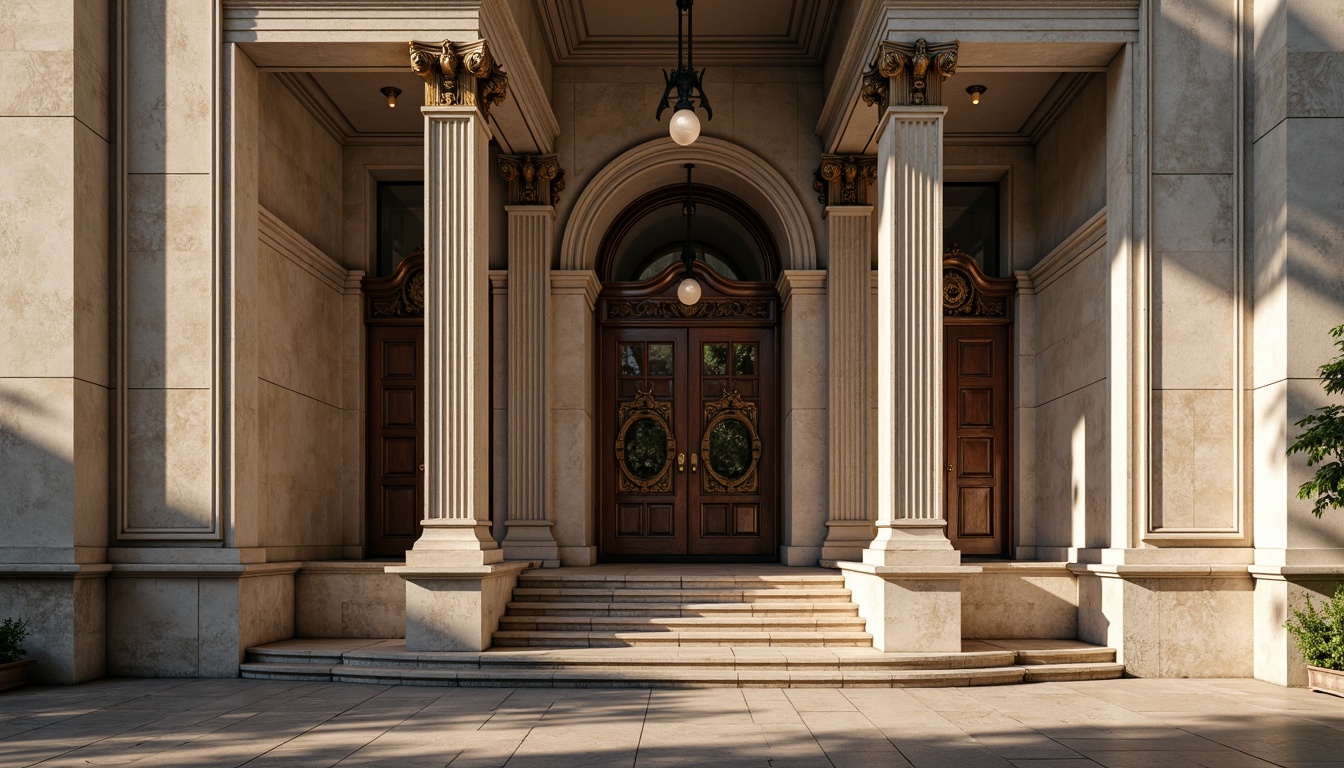 Prompt: Grand monumental entrance, symmetrical columns, ornate capitals, sturdy stone bases, elegant archways, refined classical details, sophisticated urban setting, bright sunny day, dramatic shadows, subtle warm lighting, shallow depth of field, 1/2 composition, realistic textures, ambient occlusion.