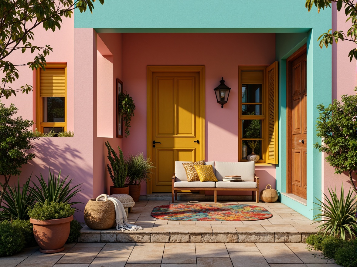 Prompt: Vibrant residential fa\u00e7ade, eclectic architecture style, bold color blocking, pastel pink walls, turquoise accents, sunny yellow trim, crisp white columns, natural wood textures, geometric patterned rugs, ornate metal fixtures, distressed finishes, bohemian-inspired decor, lush greenery, potted plants, cozy reading nooks, warm golden lighting, shallow depth of field, 1/2 composition, intimate atmosphere, realistic materials, ambient occlusion.