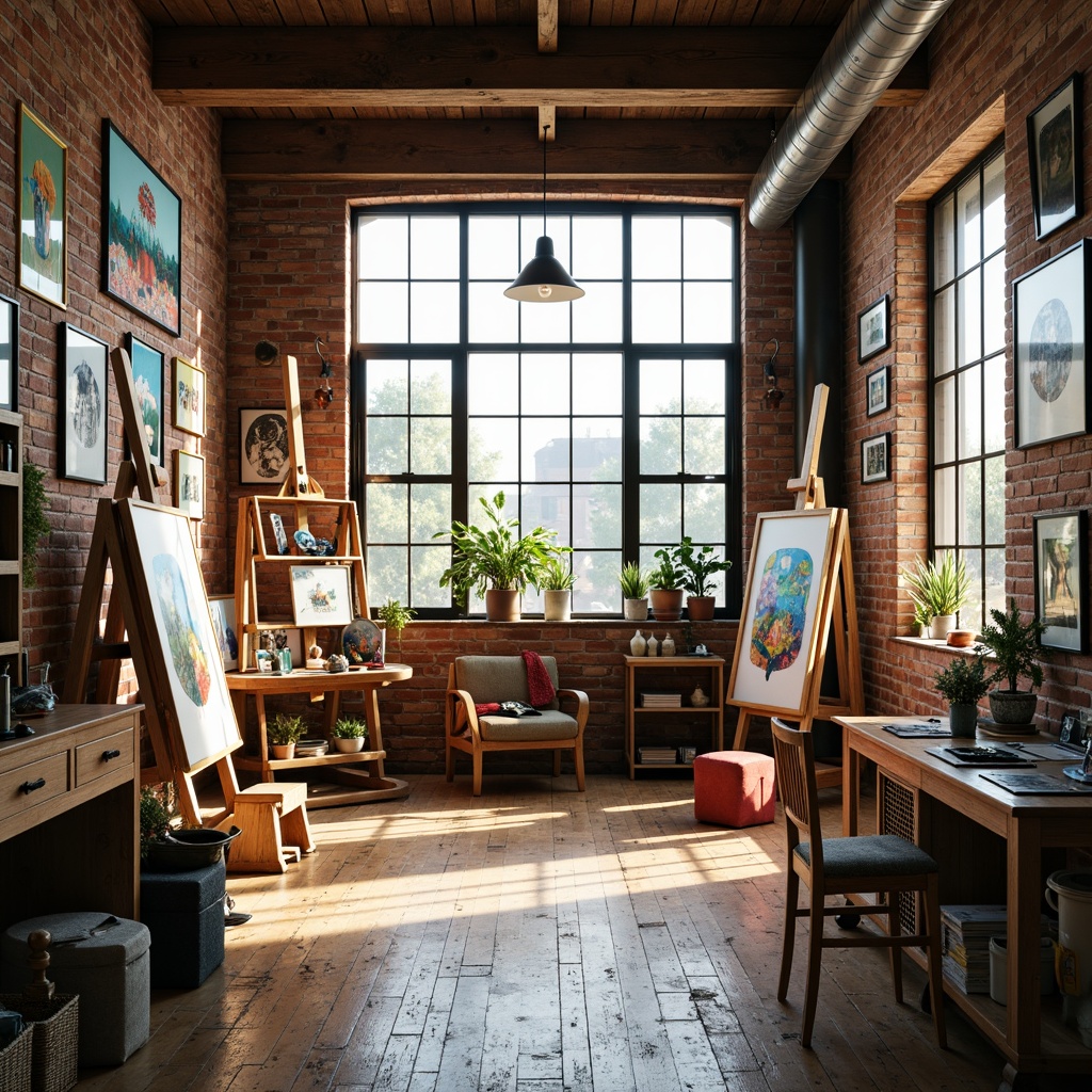 Prompt: Vibrant art studio, natural light pouring in, wooden easels, eclectic artwork, colorful paint tubes, creative messy space, rustic wooden floors, industrial metal beams, exposed brick walls, modern minimalist furniture, warm cozy atmosphere, soft box lighting, shallow depth of field, 1/1 composition, realistic textures, ambient occlusion.Let me know if you need any adjustments!