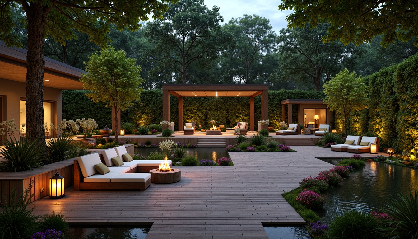 Prompt: Inviting patio, lush greenery, vibrant flowers, comfortable outdoor furniture, wooden decks, pergolas, trellises, lanterns, soft warm lighting, shallow depth of field, 3/4 composition, panoramic view, realistic textures, ambient occlusion, tranquil water features, small ponds, fountains, statues, natural stone pathways, rustic wooden benches, cozy fire pits, starry night sky, warm string lights, lush ivy walls, colorful blooming gardens.