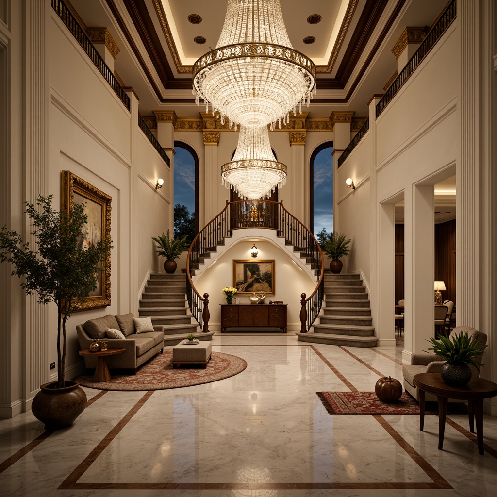 Prompt: Elegant neoclassical interior, ornate chandeliers, crystal droplets, golden accents, marble floors, high ceilings, symmetrical compositions, soft warm lighting, subtle color palette, rich textures, intricate moldings, grand staircases, sweeping archways, lavish furnishings, opulent fabrics, luxurious atmosphere, dramatic uplighting, accent spotlights, cove lighting, LED strips, warm white tones, 1/1 composition, shallow depth of field, realistic reflections.