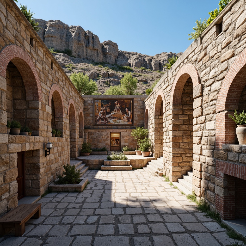 Prompt: Ancient amphitheater, weathered stone walls, rough-hewn granite blocks, rustic brick arches, worn wooden benches, faded frescoes, ornate marble columns, intricate mosaic patterns, natural rock formations, Mediterranean landscape, clear blue sky, warm sunlight, dramatic shadows, low-angle lighting, 1/2 composition, realistic textures, ambient occlusion.