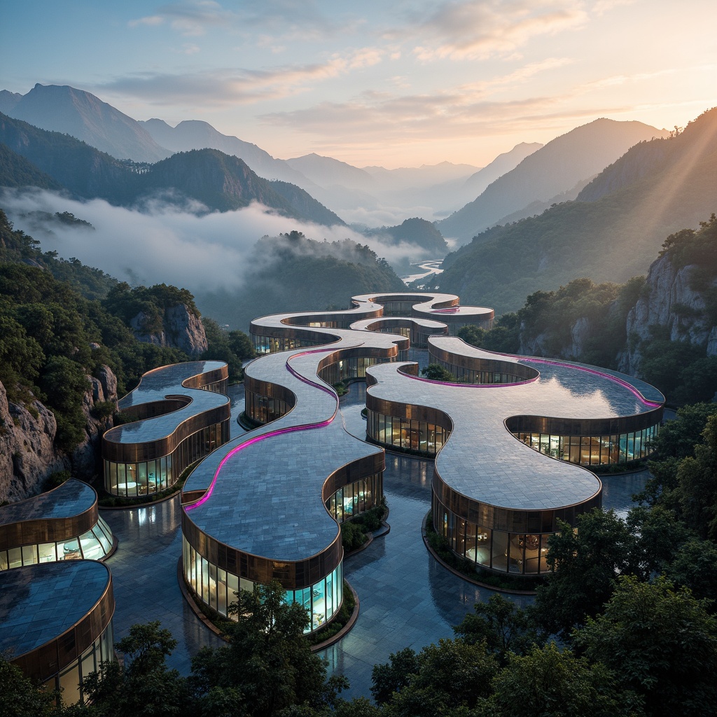 Prompt: Ethereal mountainscape, undulating hills, meandering water features, futuristic curvilinear architecture, iridescent glass fa\u00e7ades, neon-lit accents, avant-garde structural systems, cantilevered overhangs, dynamic angular forms, surreal atmospheric conditions, misty foggy mornings, warm golden lighting, shallow depth of field, 1/2 composition, low-angle shots, dreamy soft focus, vibrant electric colors, luminescent ambient occlusion.