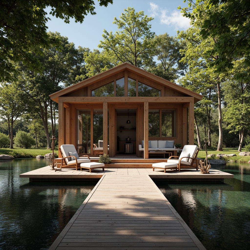 Prompt: Waterfront boathouse, rustic wooden dock, serene lake scenery, lush greenery, natural ventilation systems, clerestory windows, skylights, sliding glass doors, wooden accents, nautical decor, ropes and anchors, sailing-inspired furniture, earthy color palette, soft warm lighting, shallow depth of field, 1/1 composition, realistic textures, ambient occlusion.