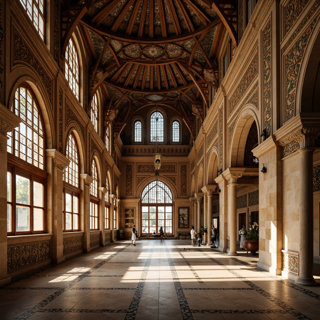 Prompt: Intricate stone carvings, sacred geometric motifs, vaulted ceilings, grandiose arches, ornate columns, stained glass windows, vibrant colorful tiles, Islamic-inspired architecture, spiritual ambiance, natural light filtering, dramatic shadows, 1/1 composition, symmetrical framing, warm golden lighting, rich textures, ambient occlusion.