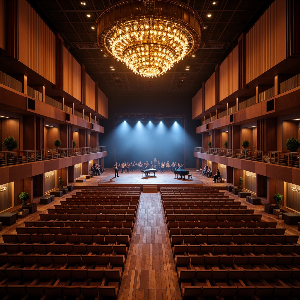 Prompt: Grand concert hall, ornate chandeliers, velvet curtains, polished wooden floors, tiered seating, grand piano, spotlights, acoustic panels, intimate performance spaces, elevated stages, luxurious VIP areas, sleek modern architecture, minimalist decor, dramatic lighting design, atmospheric fog effects, 3/4 composition, low-angle shots, soft warm lighting, realistic textures, ambient occlusion.