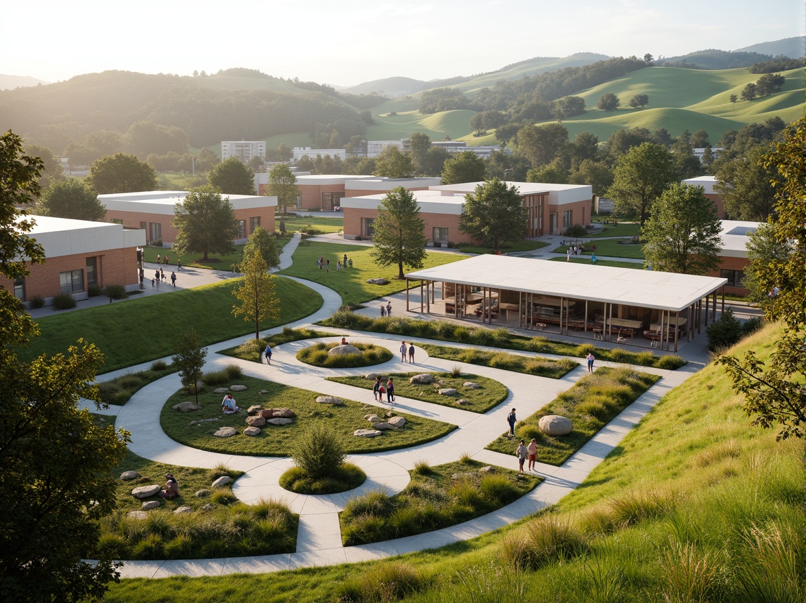 Prompt: Vibrant educational campus, rolling green hills, meandering pathways, natural stone walls, modern academic buildings, cantilevered roofs, large overhangs, abundant skylights, seamless indoor-outdoor connections, interactive outdoor classrooms, amphitheater seating, native plant species, mature trees, sunny afternoon, soft warm lighting, shallow depth of field, 3/4 composition, panoramic view, realistic textures, ambient occlusion.