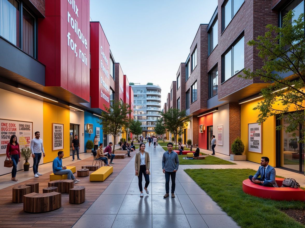 Prompt: Vibrant university campus, modern academic buildings, bold brick fa\u00e7ades, dynamic color blocks, energetic corridors, collaborative learning spaces, inspirational quotes, motivational slogans, abstract art installations, eclectic furniture arrangements, natural wood accents, industrial metal details, bright LED lighting, playful signage, youthful energy, 3/4 composition, shallow depth of field, realistic textures, ambient occlusion.