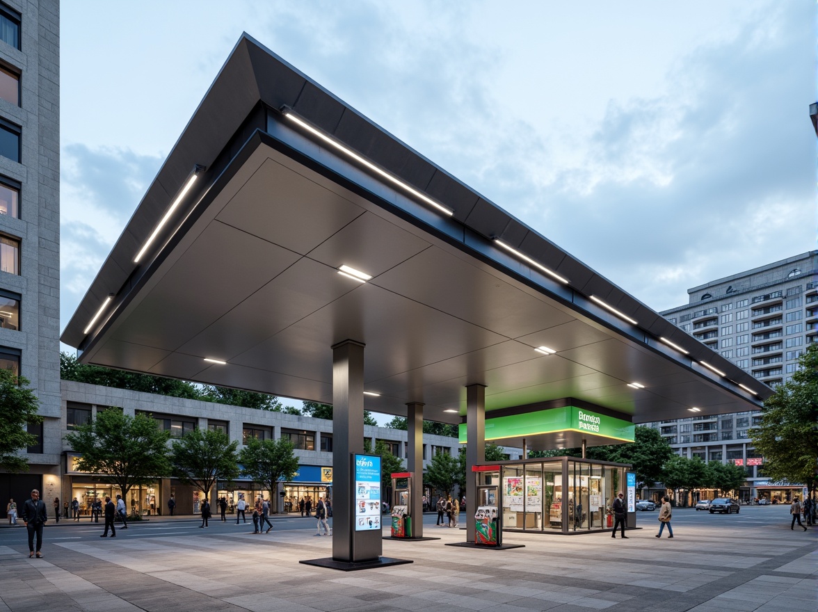 Prompt: Modern gas station, sleek metal canopy, LED lighting, concrete floors, stainless steel fuel pumps, minimalist design, angular lines, reflective glass surfaces, eco-friendly materials, sustainable energy solutions, solar panels, green roofs, vibrant colorful signage, futuristic architecture, urban landscape, busy streets, cloudy sky, shallow depth of field, 3/4 composition, panoramic view, realistic textures, ambient occlusion.