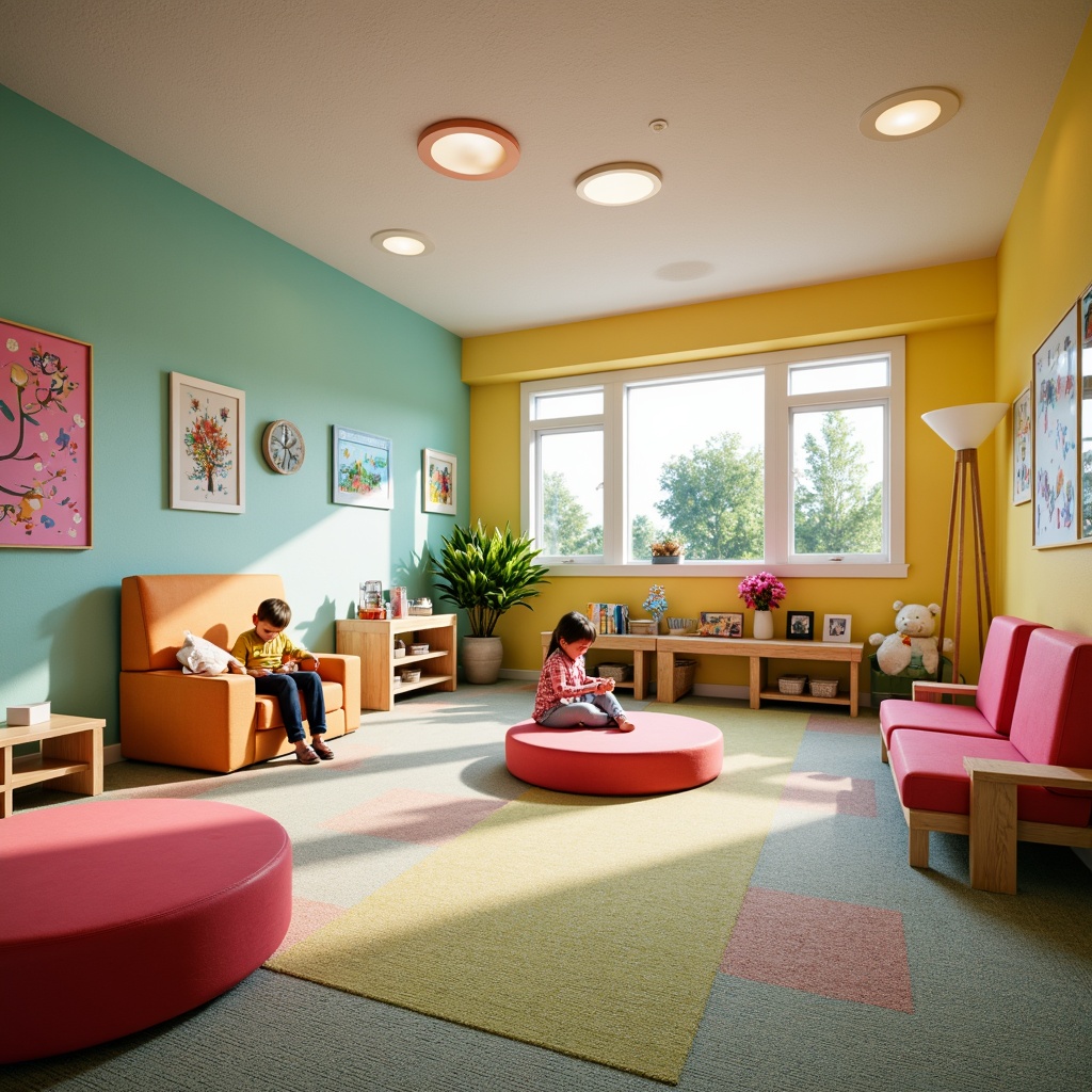 Prompt: Vibrant kindergarten interior, bright primary colors, soft pastel hues, playful polka dots, whimsical shapes, educational wall graphics, interactive display boards, cozy reading nooks, plush carpet flooring, rounded furniture edges, natural wood accents, cheerful decorative lights, stimulating artwork displays, gentle warm lighting, shallow depth of field, 1/1 composition, inviting atmosphere.