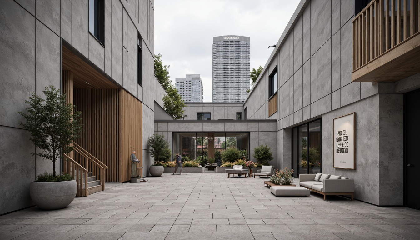 Prompt: Geometric buildings, clean lines, rectangular forms, monochromatic color schemes, industrial materials, raw concrete walls, steel beams, wooden accents, minimalist decor, functional furniture, bold typography, abstract art pieces, urban cityscape, overcast sky, dramatic shadows, low-key lighting, shallow depth of field, 1/2 composition, realistic textures, ambient occlusion.