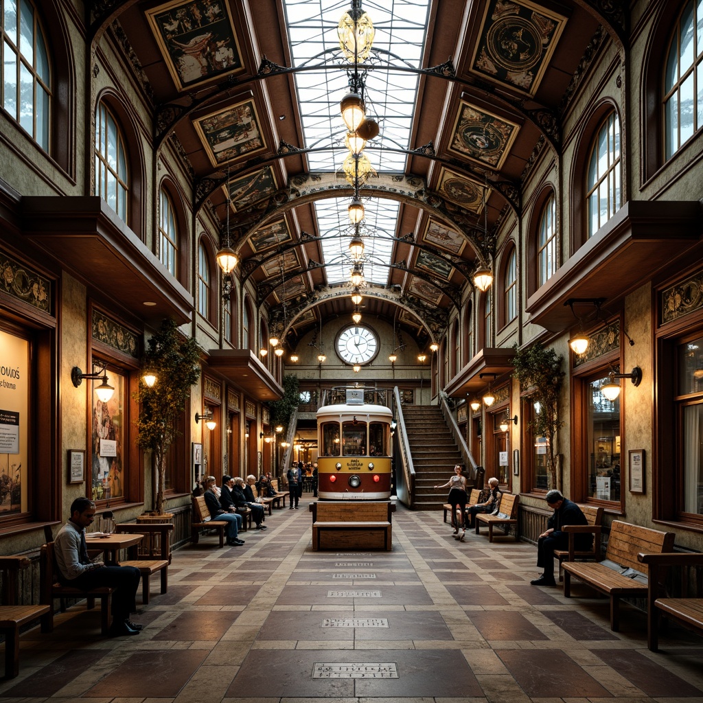 Prompt: Intricate tram station, ornate metalwork, lavish chandeliers, grand staircases, elegant archways, vintage advertisements, rustic wooden benches, antique clock towers, beautiful mosaics, stunning stained-glass ceilings, symmetrical architecture, natural stone walls, high-contrast lighting, dramatic shadows, shallow depth of field, 1/2 composition, realistic textures, ambient occlusion.