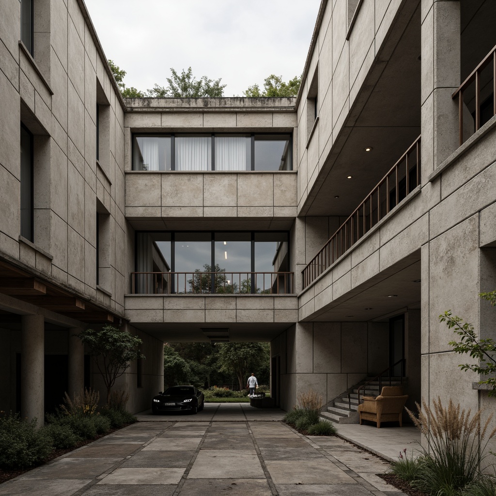 Prompt: Monochromatic brutalist building, rugged concrete textures, industrial metal accents, muted earthy tones, beige stone walls, weathered wooden beams, dramatic natural light, atmospheric misting effects, moody shadows, cinematic wide-angle shots, 1/2 composition, desaturated color grading, ambient occlusion, realistic material reflections, subtle gradient maps.