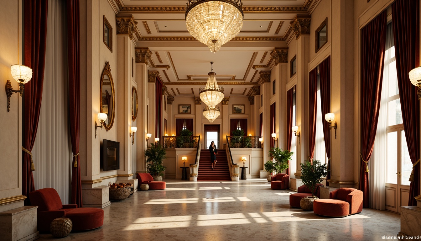 Prompt: Grandiose neoclassical facade, ornate columns, symmetrical architecture, lavish interior spaces, high ceilings, crystal chandeliers, marble flooring, intricate moldings, luxurious furnishings, rich velvet drapes, regal color palette, spacious hallways, stately staircases, imposing entrance doors, harmonious proportions, balanced composition, warm golden lighting, soft focus, 1/1 perspective, ornate mirrors, lavish decorative elements, antique furniture pieces.