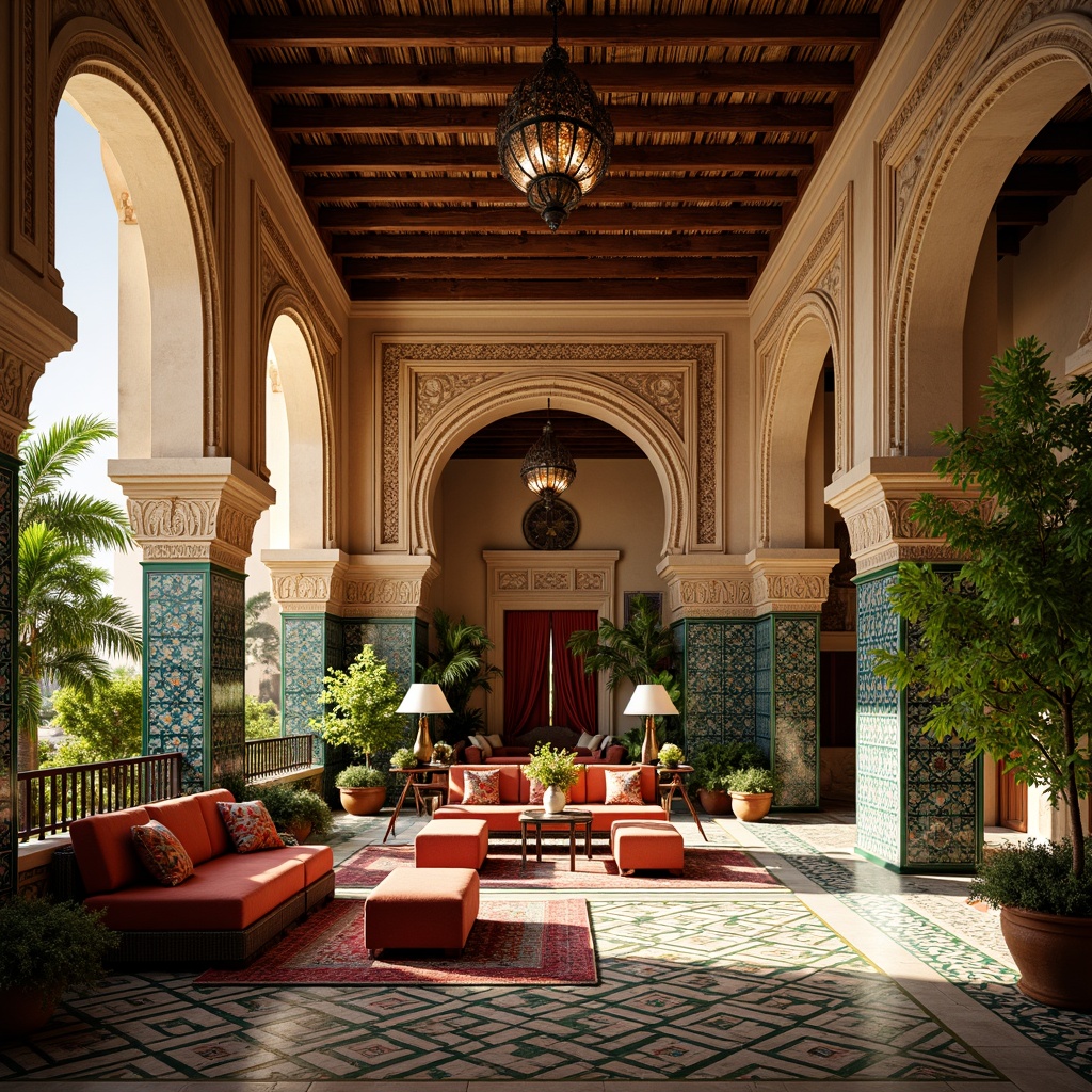 Prompt: Vibrant Moroccan-inspired riad, intricately patterned tiles, colorful geometric motifs, lush greenery, ornate archways, grand domes, majestic columns, lavish furnishings, opulent textiles, rich velvet fabrics, shimmering silk materials, exotic wood carvings, Arabic calligraphy, warm golden lighting, soft focus photography, 1/1 composition, dramatic shadows, ambient occlusion.