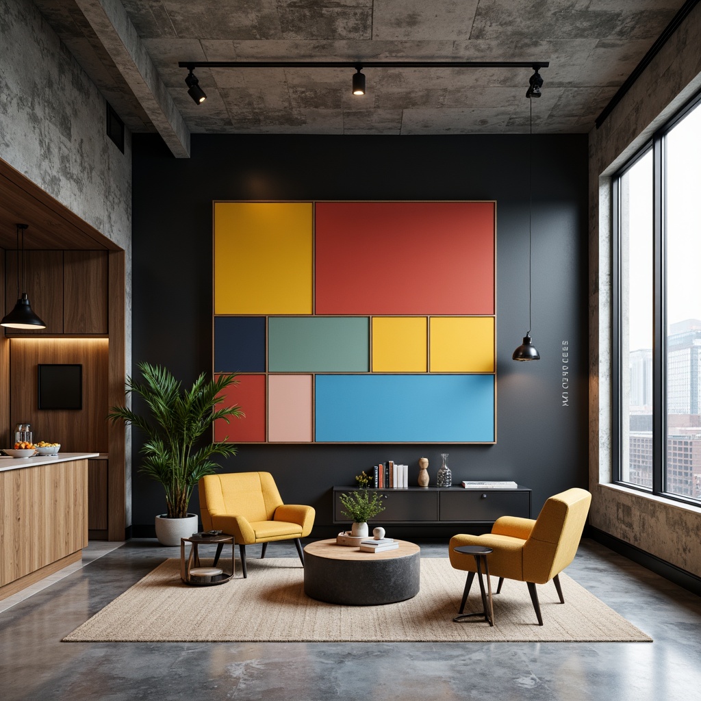 Prompt: Geometric shapes, primary colors, industrial materials, raw concrete textures, metallic accents, minimalist decor, functional simplicity, bold typography, grid-based compositions, rectangular forms, clean lines, monochromatic color schemes, urban cityscape, modernist architecture, brutalist buildings, abstract art pieces, distressed wood finishes, exposed ductwork, industrial lighting fixtures, matte black surfaces, natural stone flooring, sparse greenery.