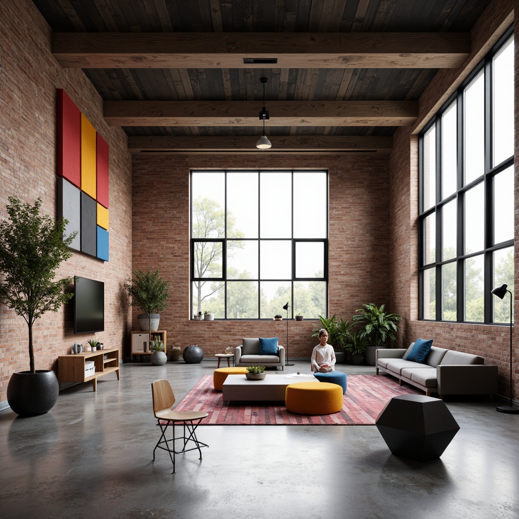 Prompt: Minimalist interior space, industrial-chic aesthetic, exposed brick walls, polished concrete floors, functional metal furniture, geometric-shaped sound diffusers, acoustic panels with bold color accents, floor-to-ceiling windows, abundant natural light, airy atmosphere, subtle warm lighting, 1/2 composition, symmetrical framing, realistic textures, ambient occlusion.