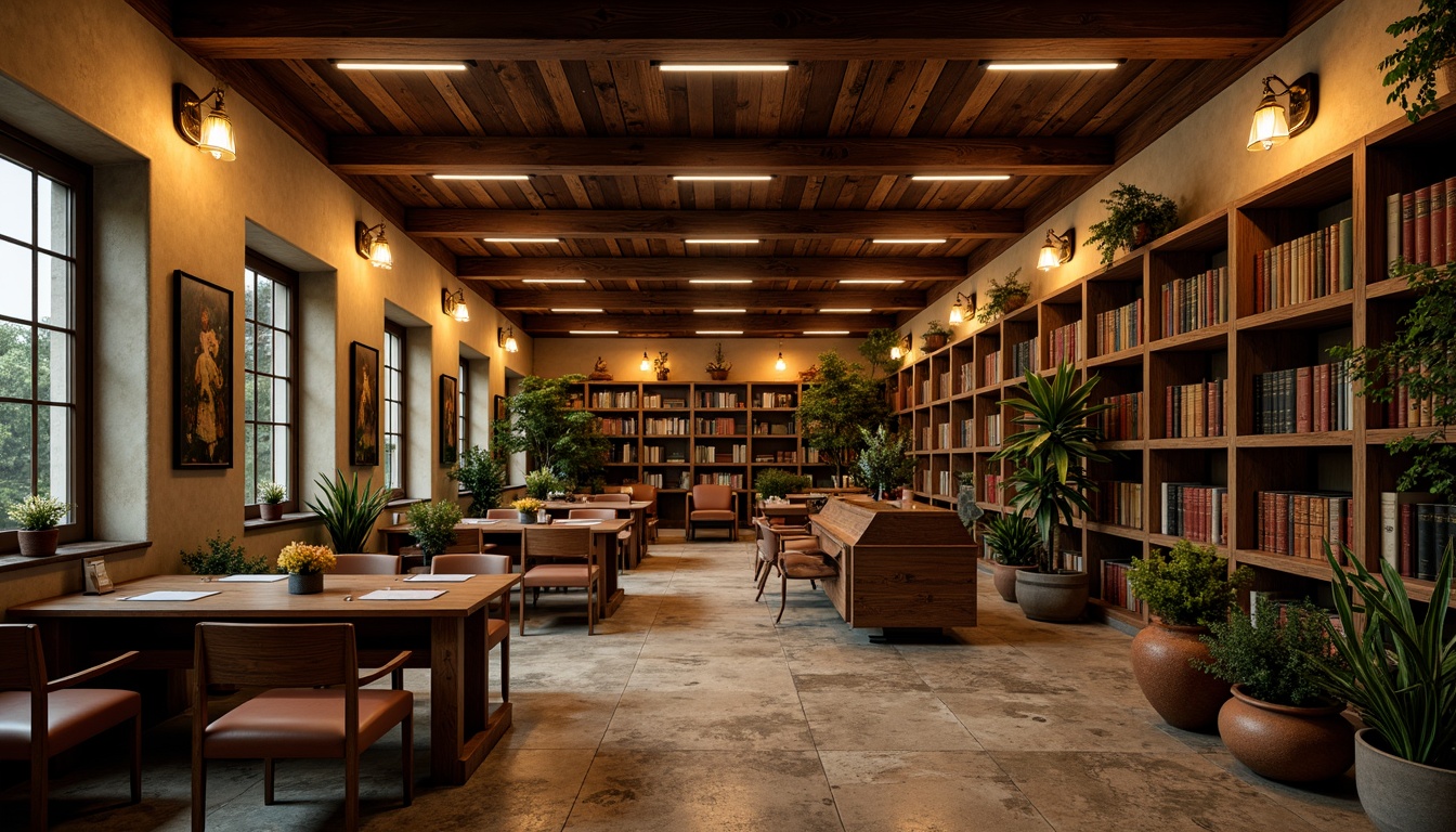 Prompt: Rich wooden tones, warm beige walls, rustic metal accents, vintage leather-bound tomes, ornate golden lighting fixtures, distressed stone floors, earthy terracotta pots, lush greenery, soft warm lighting, shallow depth of field, 3/4 composition, realistic textures, ambient occlusion, classic library atmosphere, dimly lit study areas, comfortable reading nooks.