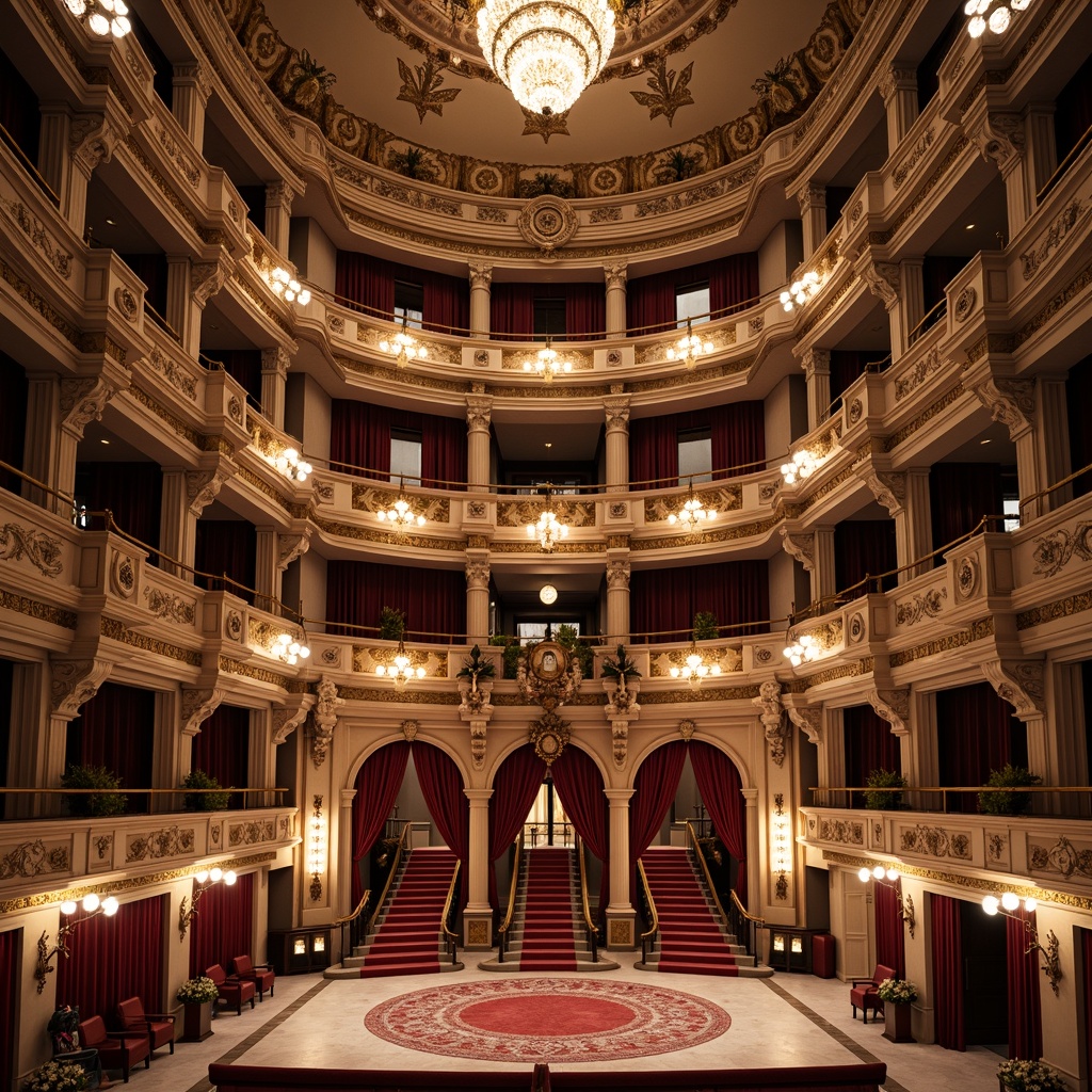 Prompt: Intricate opera house facade, ornate balconies, grand entranceways, sweeping arches, majestic columns, opulent chandeliers, lavish moldings, gilded details, velvet drapes, marble floors, crystal chandeliers, soft warm lighting, shallow depth of field, 3/4 composition, panoramic view, realistic textures, ambient occlusion, Baroque-inspired ornamentation, intricate carvings, sculpted figurines, dramatic spotlights, grand staircases, luxurious red carpeting.