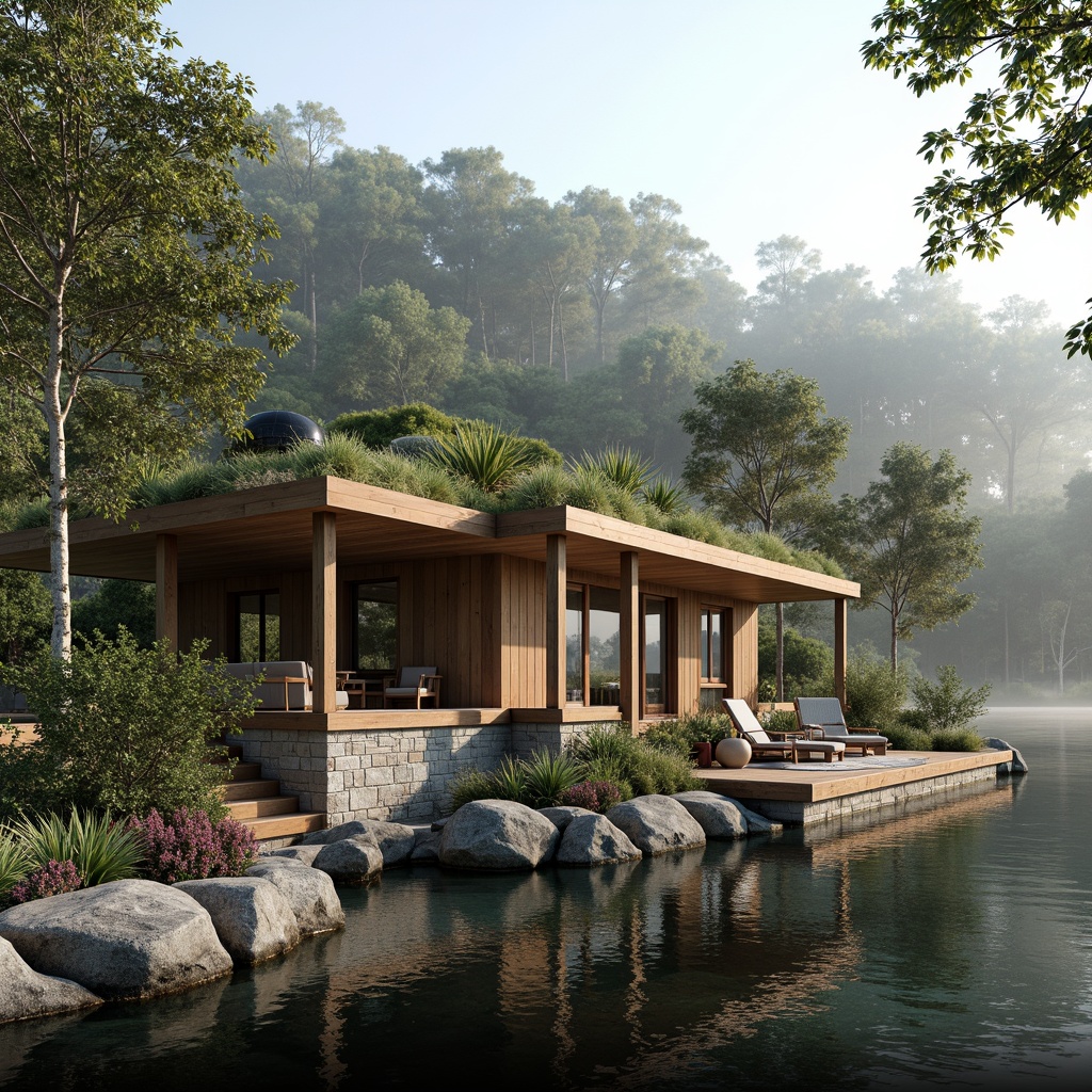 Prompt: Eco-friendly lakefront residence, natural stone foundations, reclaimed wood accents, low-maintenance decking, solar panels, green roofs, living walls, rainwater harvesting systems, minimalist modern design, large windows, sliding glass doors, panoramic lake views, serene water reflections, surrounding lush forests, misty mornings, soft warm lighting, shallow depth of field, 3/4 composition, realistic textures, ambient occlusion.