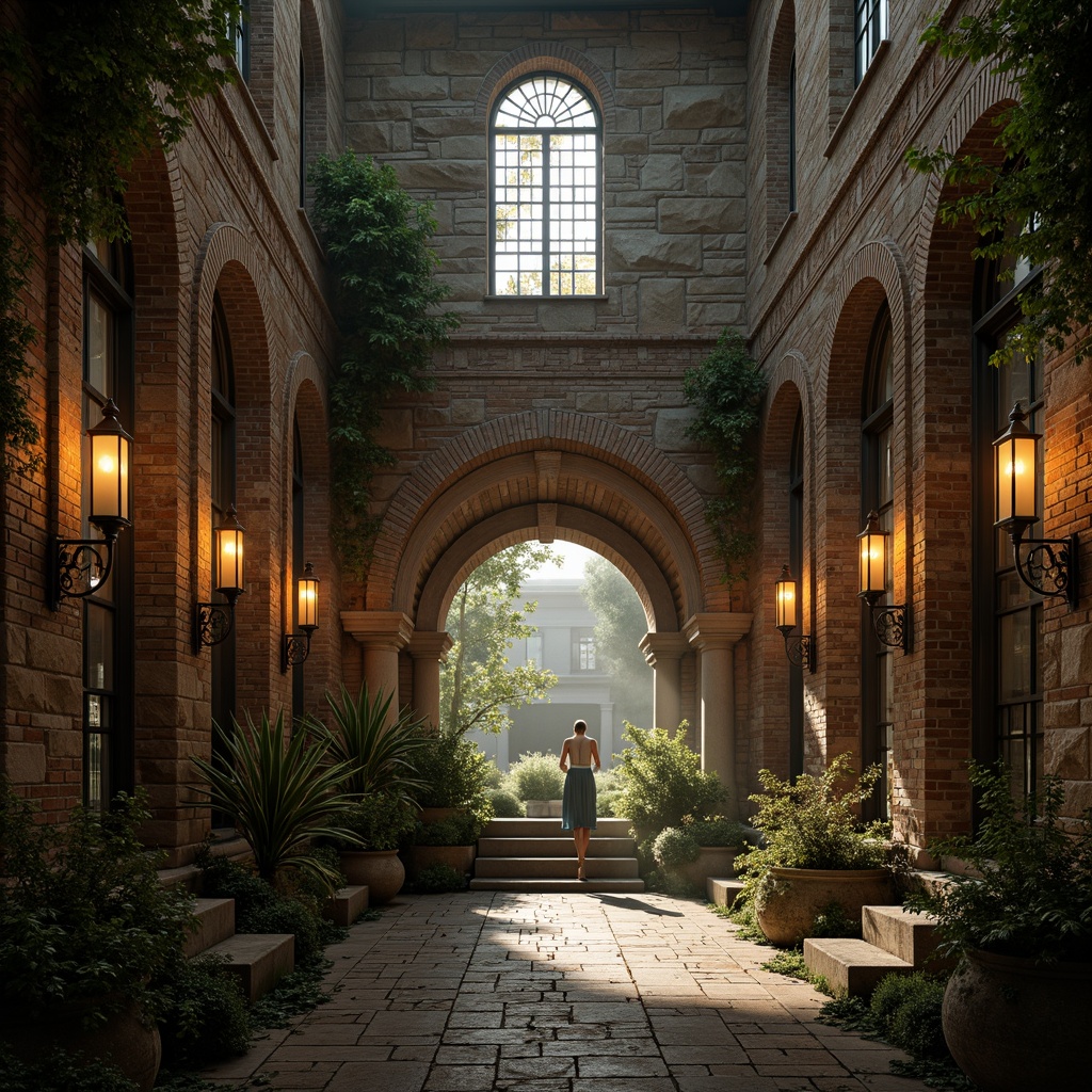 Prompt: Rustic stone walls, weathered brick facades, ornate carvings, grand archways, ribbed vaults, stained glass windows, intricate mosaics, lush ivy climbers, moss-covered statues, worn flagstone floors, rich tapestries, ornamental metalwork, warm candlelight, soft golden hour, atmospheric fog, symmetrical composition, dramatic shadows, high contrast lighting.