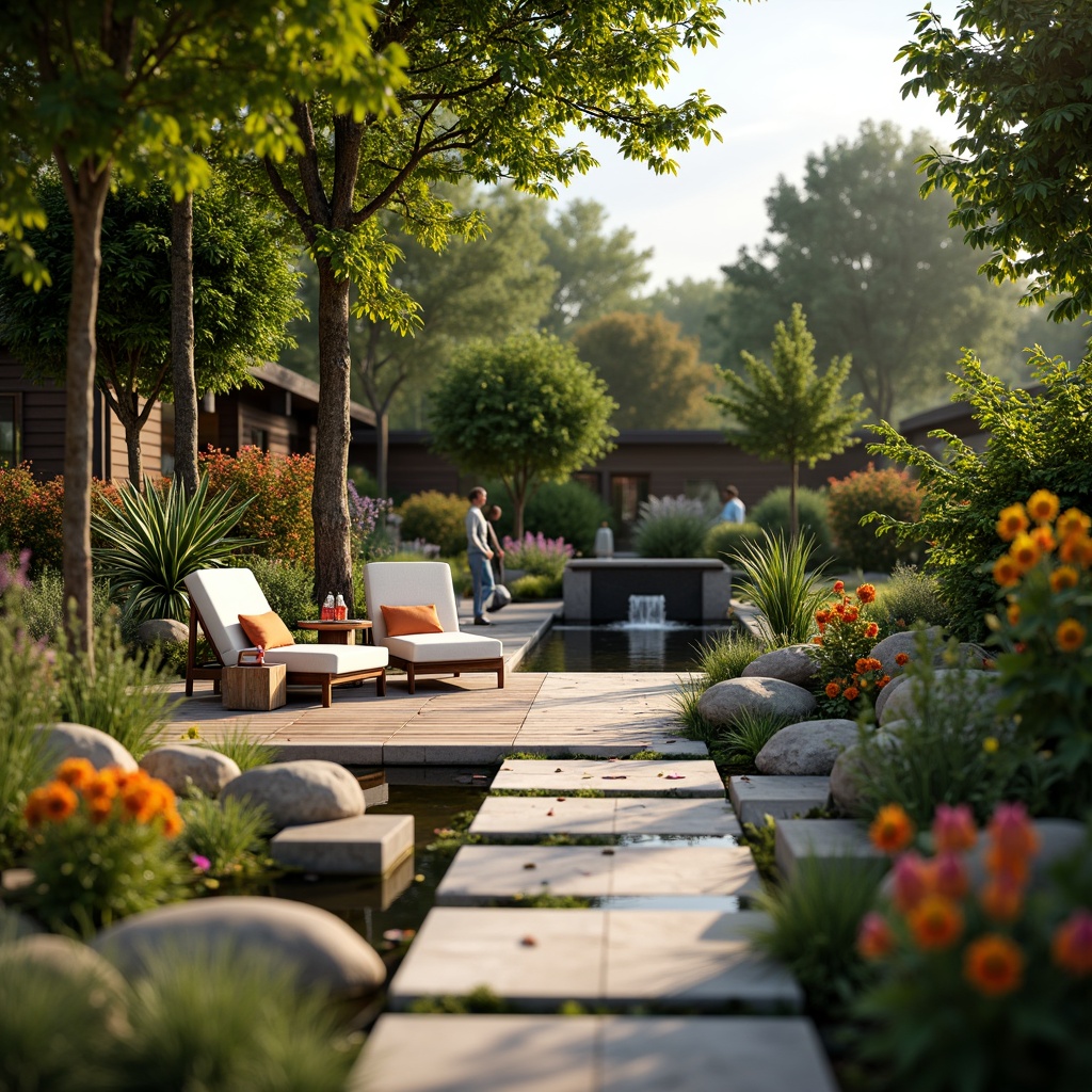 Prompt: Cozy backyard, lush greenery, vibrant flowers, comfortable outdoor furniture, soft cushions, warm lanterns, natural stone pathways, wooden decks, tranquil water features, small ponds, gentle fountains, sunny afternoon, soft warm lighting, shallow depth of field, 3/4 composition, panoramic view, realistic textures, ambient occlusion.