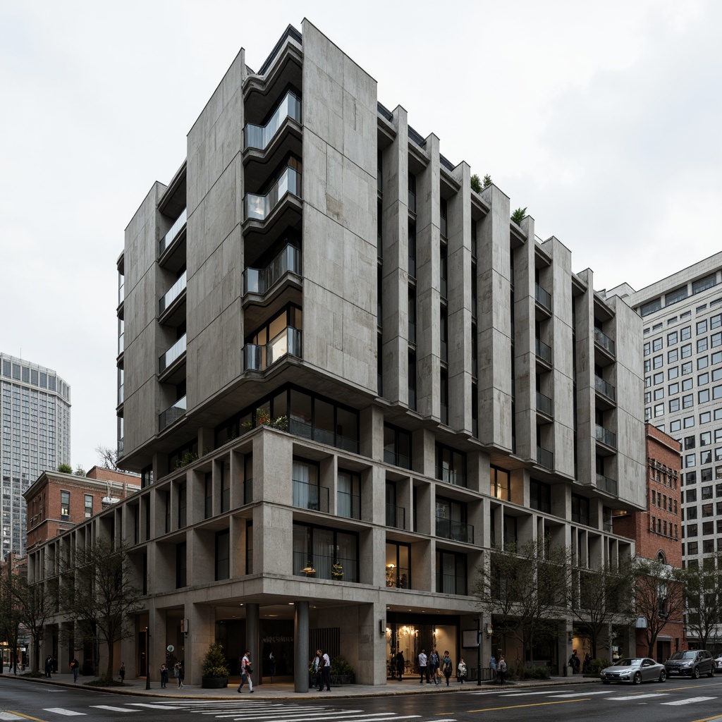 Prompt: Rugged brutalist building, fortress-like facade, raw concrete textures, angular geometric shapes, dramatic cantilevered structures, bold exposed ductwork, industrial-style metal cladding, fortress-inspired fortifications, urban cityscape, overcast sky, diffused natural lighting, high-contrast shadows, 2.35 composition, symmetrical framing, gritty realistic rendering, ambient occlusion.Please let me know if this meets your requirements!