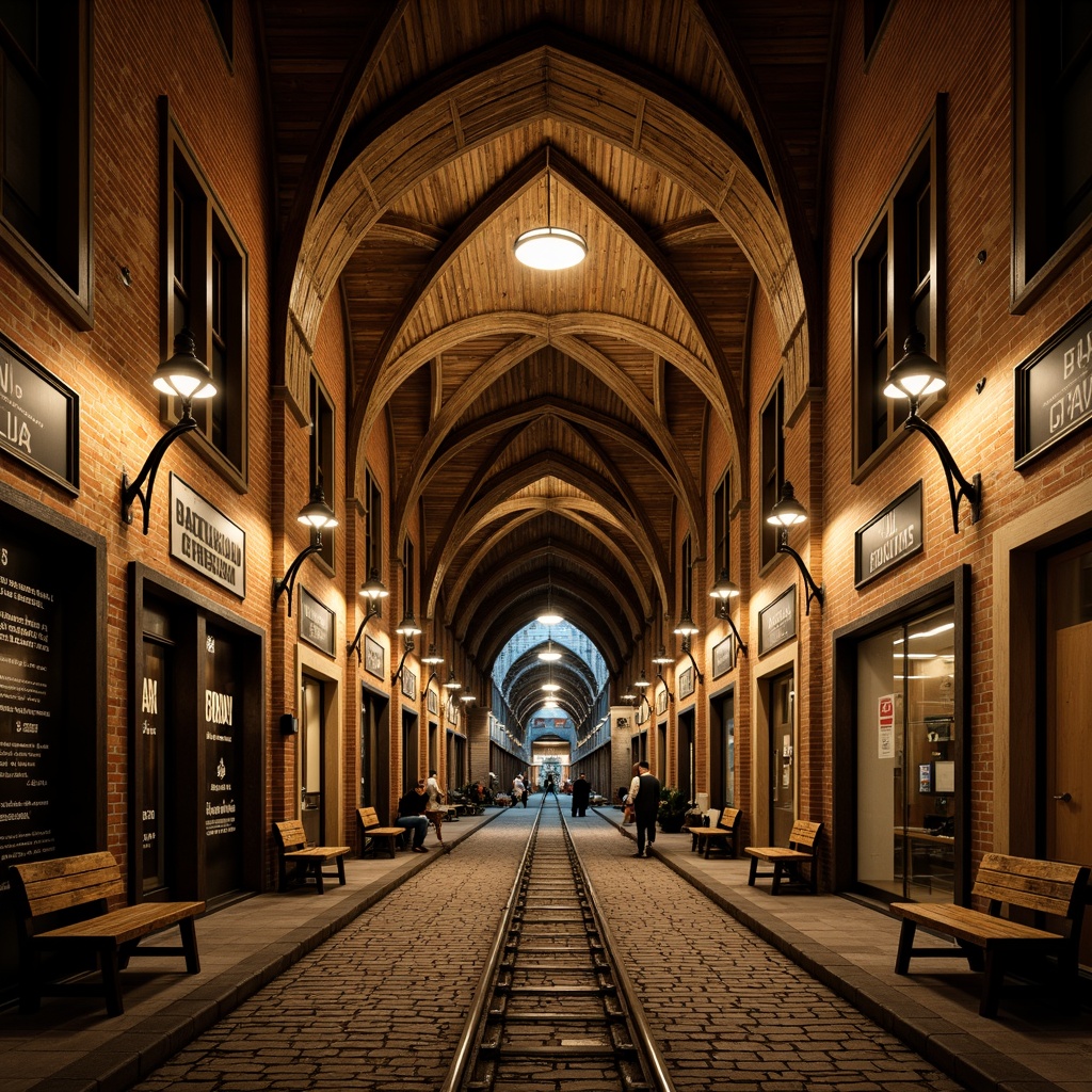 Prompt: Intricate archways, ornate stone carvings, vaulted ceilings, grandiose entrance halls, rustic brick facades, medieval-inspired architecture, dimly lit tunnel passages, vintage tram tracks, worn wooden benches, nostalgic advertisements, distressed metal signage, warm golden lighting, shallow depth of field, 1/2 composition, symmetrical framing, realistic textures, ambient occlusion.