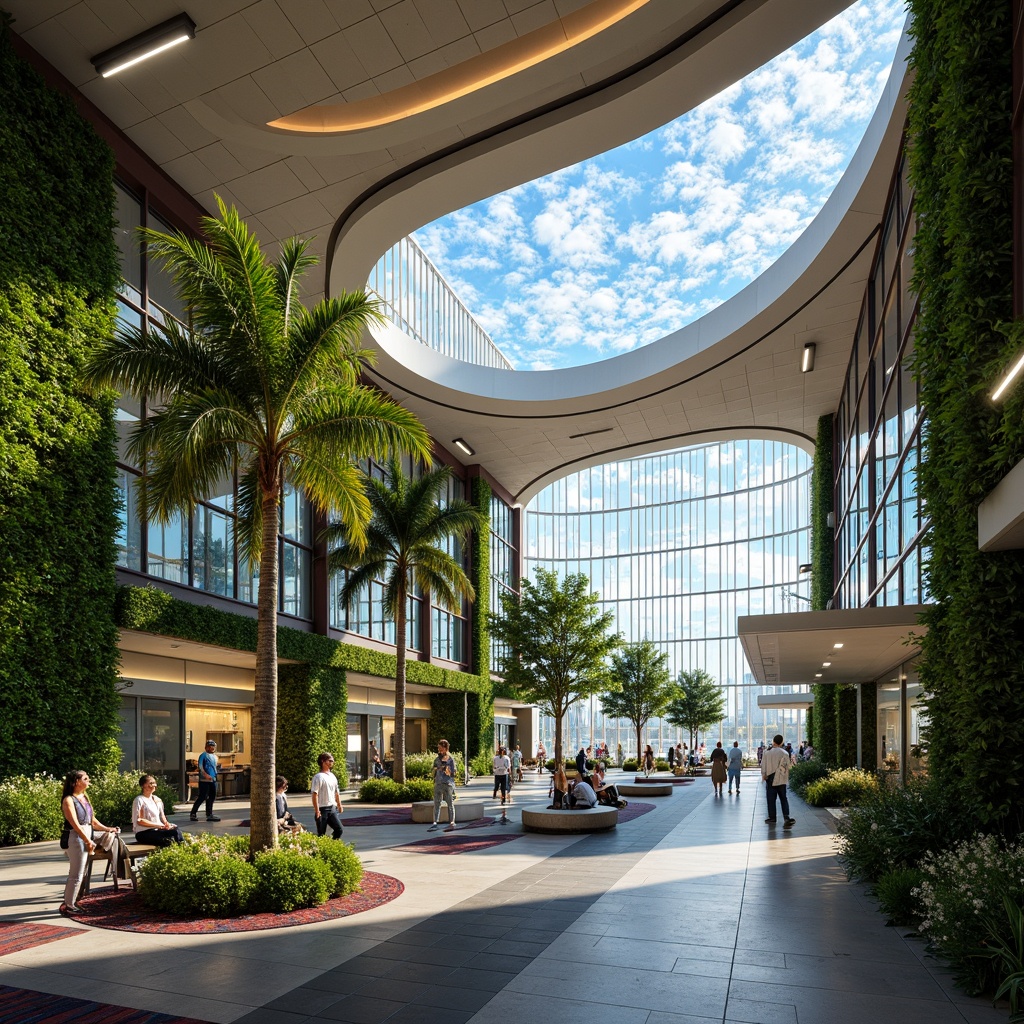 Prompt: Vibrant airport terminal, futuristic curves, aerodynamic lines, iridescent glass fa\u00e7ade, kinetic light installations, undulating roofscape, lush green walls, tropical plant species, misting water features, polished concrete floors, geometric patterned rugs, ambient LED lighting, shallow depth of field, 3/4 composition, panoramic view, realistic reflections, dramatic shadows, warm sunny day, soft breeze, expressionist sculptures, avant-garde art installations.