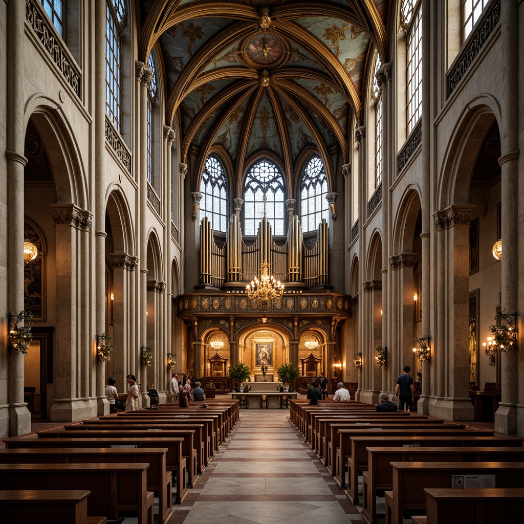 Prompt: \Intricate stone carvings, ornate wooden pews, stunning stained glass windows, majestic pipe organs, grandiose vaulted ceilings, intricate geometric patterns, metallic accents, opulent chandeliers, lavish frescoes, ornamental columns, delicate filigree details, warm golden lighting, soft focus, shallow depth of field, 1/1 composition, symmetrical framing, highly detailed textures, ambient occlusion, mystical atmosphere.\