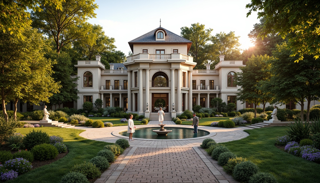 Prompt: Majestic villa, symmetrical facade, ornate columns, grand entrance, manicured lawn, serpentine pathways, lush greenery, blooming flowers, tranquil pond, gentle water features, rustic stone walls, aged brick pavement, classical sculptures, intricate carvings, warm golden lighting, soft focus, shallow depth of field, 1/1 composition, harmonious color palette, realistic textures, ambient occlusion.