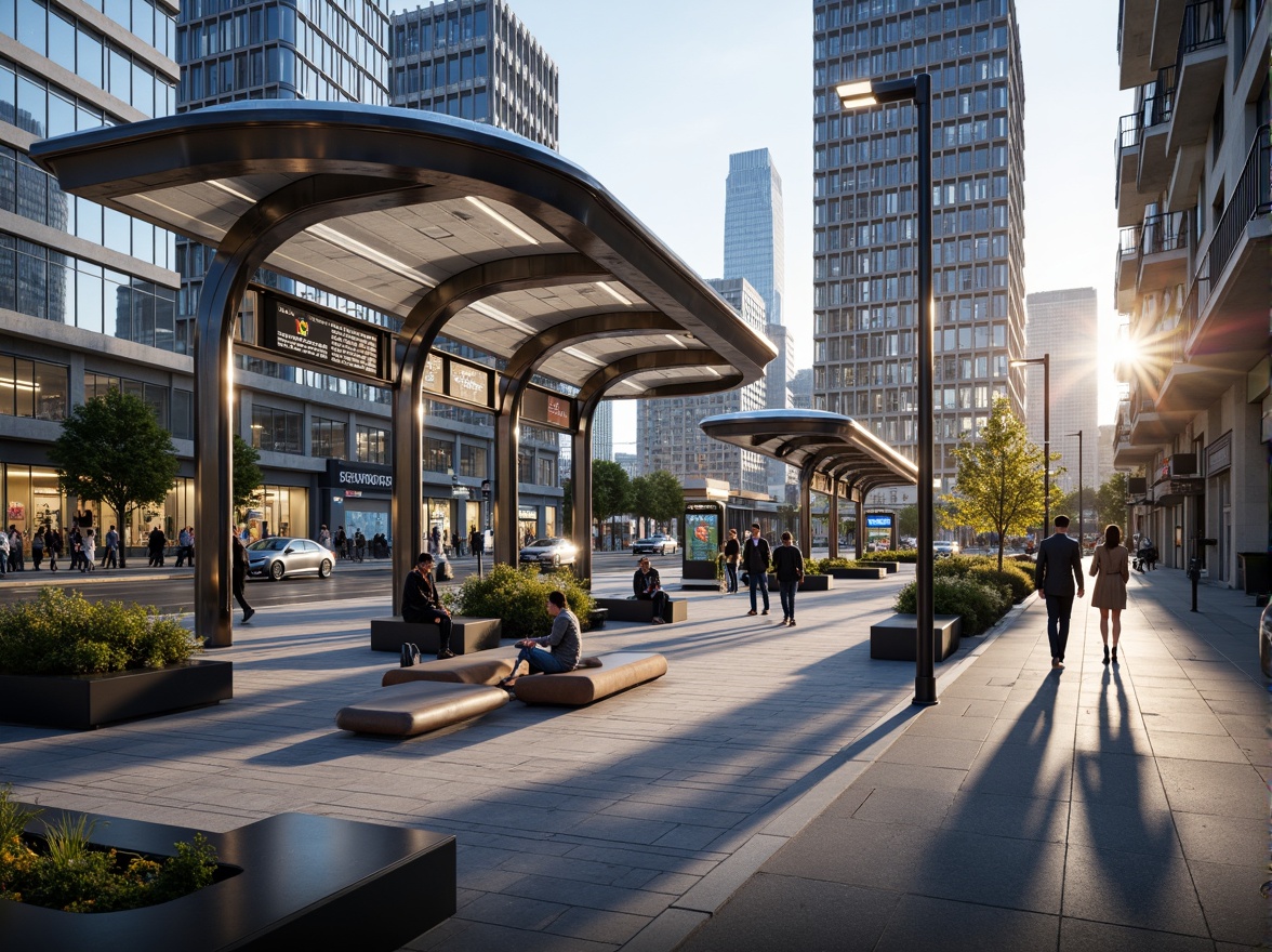 Prompt: Futuristic tram station, dynamic curved lines, gleaming metal panels, LED light installations, transparent glass roofs, minimalist columns, sleek benches, modern signage, urban landscape, bustling city streets, morning commute, warm natural lighting, shallow depth of field, 1/1 composition, realistic reflections, ambient occlusion.