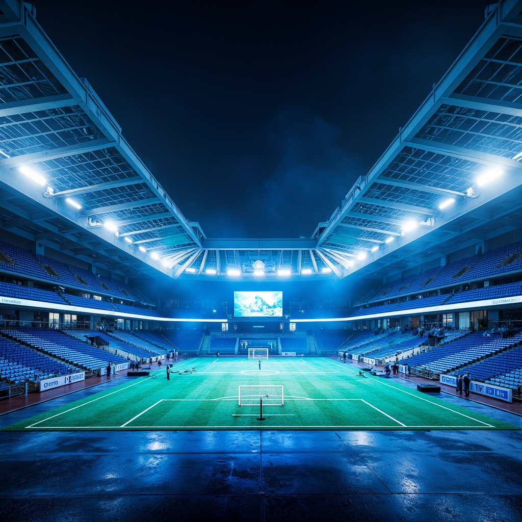 Prompt: Futuristic sports stadium, neon-lit athletic tracks, iridescent synthetic turf, metallic goalposts, sleek rubber flooring, glossy acrylic surfaces, high-tech scoreboard displays, glowing LED lights, atmospheric misting systems, dynamic angular architecture, cantilevered roof structures, gleaming stainless steel accents, vibrant electric blue hues, soft focus bokeh, shallow depth of field, 1/2 composition, dramatic low-angle view, realistic reflections, ambient occlusion.