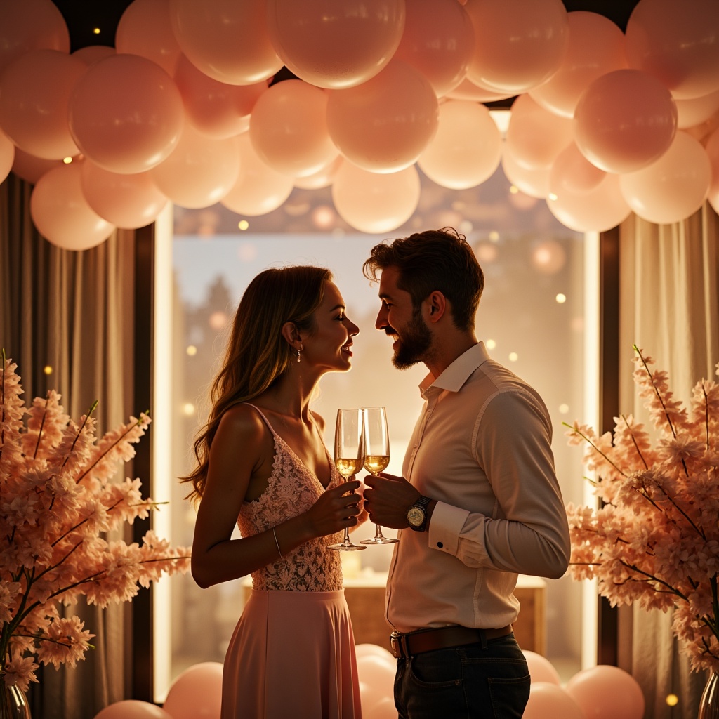 Prompt: Vibrant engagement scene, warm golden lighting, pastel pink balloons, soft peach flowers, delicate lace details, elegant champagne toasts, luxurious satin fabrics, refined marble textures, modern minimalist decor, intimate gathering atmosphere, shallow depth of field, 1/1 composition, romantic candlelight, whimsical confetti, joyous laughter sounds, relaxed natural poses, warm skin tones, subtle blushes, gentle smiles.