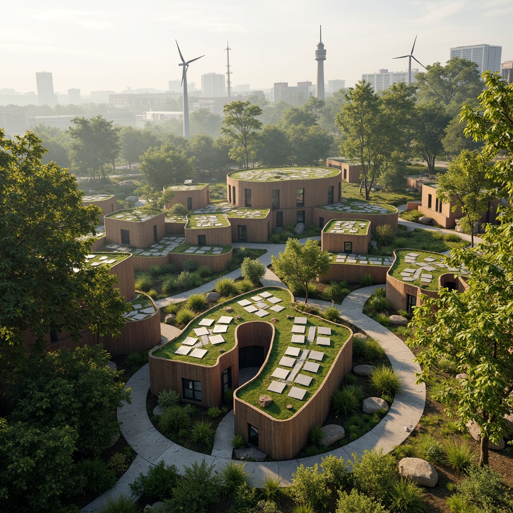 Prompt: Eco-friendly buildings, green roofs, solar panels, wind turbines, water conservation systems, recyclable materials, energy-efficient systems, natural ventilation, maximum daylight, minimal waste generation, organic shapes, curved lines, earthy tones, warm ambient lighting, shallow depth of field, 3/4 composition, panoramic view, realistic textures, ambient occlusion.