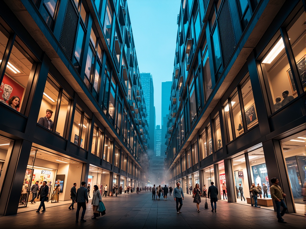 Prompt: Geometric shopping center, constructivist architecture, angular forms, fragmented shapes, bold color contrasts, abstract patterns, metallic materials, industrial textures, urban cityscape, bustling streets, vibrant nightlife, neon lights, dynamic reflections, shallow depth of field, 1/2 composition, low-angle shot, dramatic lighting, atmospheric mist.