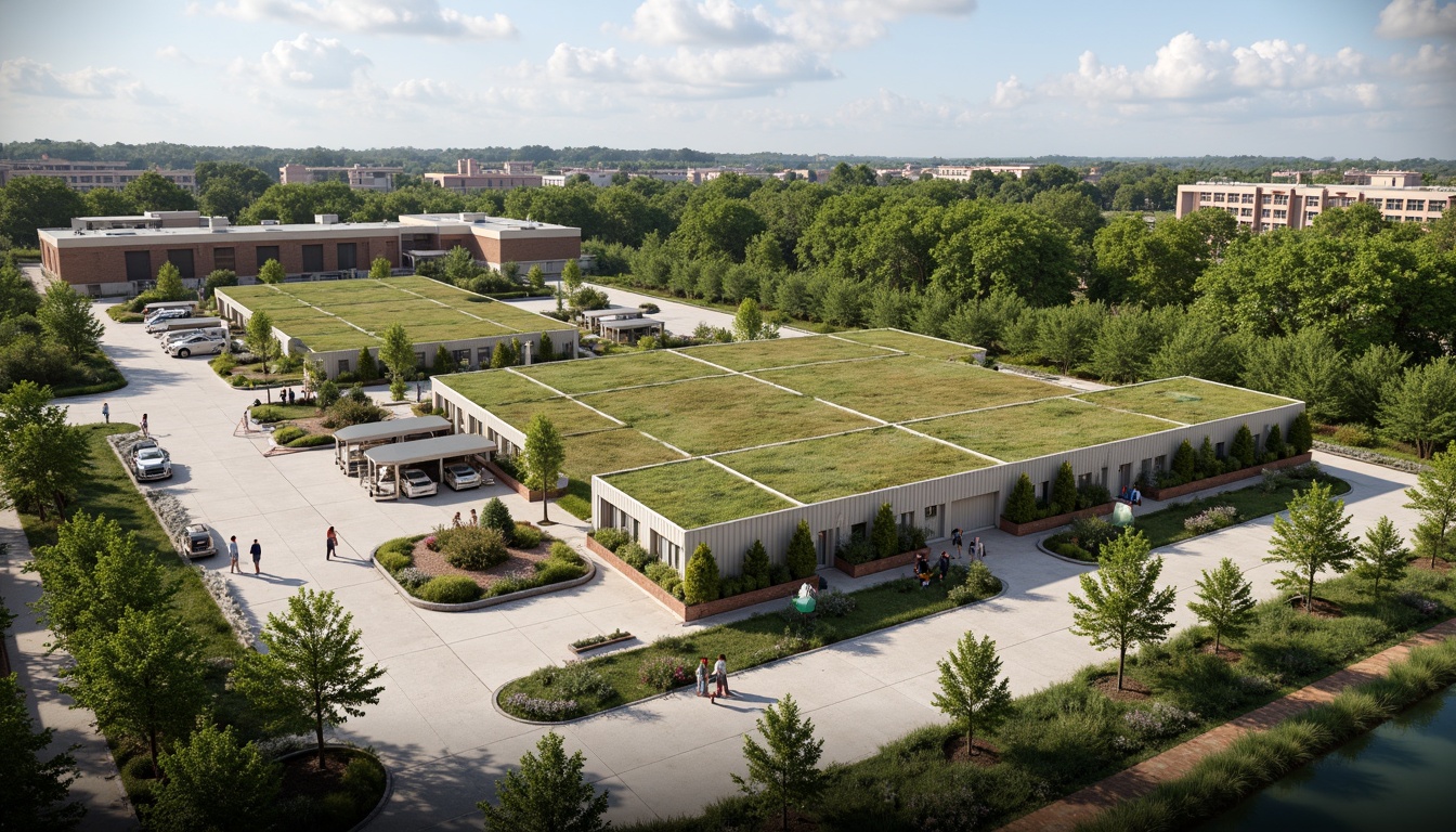 Prompt: Rustic distribution center, lush green roofs, verdant walls, natural stone facades, metal cladding, modern industrial architecture, large loading docks, concrete floors, overhead cranes, vibrant outdoor spaces, mature trees, blooming flowers, serene water features, walking trails, eco-friendly materials, sustainable energy solutions, solar panels, wind turbines, rainwater harvesting systems, green roofs, innovative cooling technologies, shaded outdoor areas, misting systems, 1/1 composition, soft warm lighting, shallow depth of field, realistic textures, ambient occlusion.