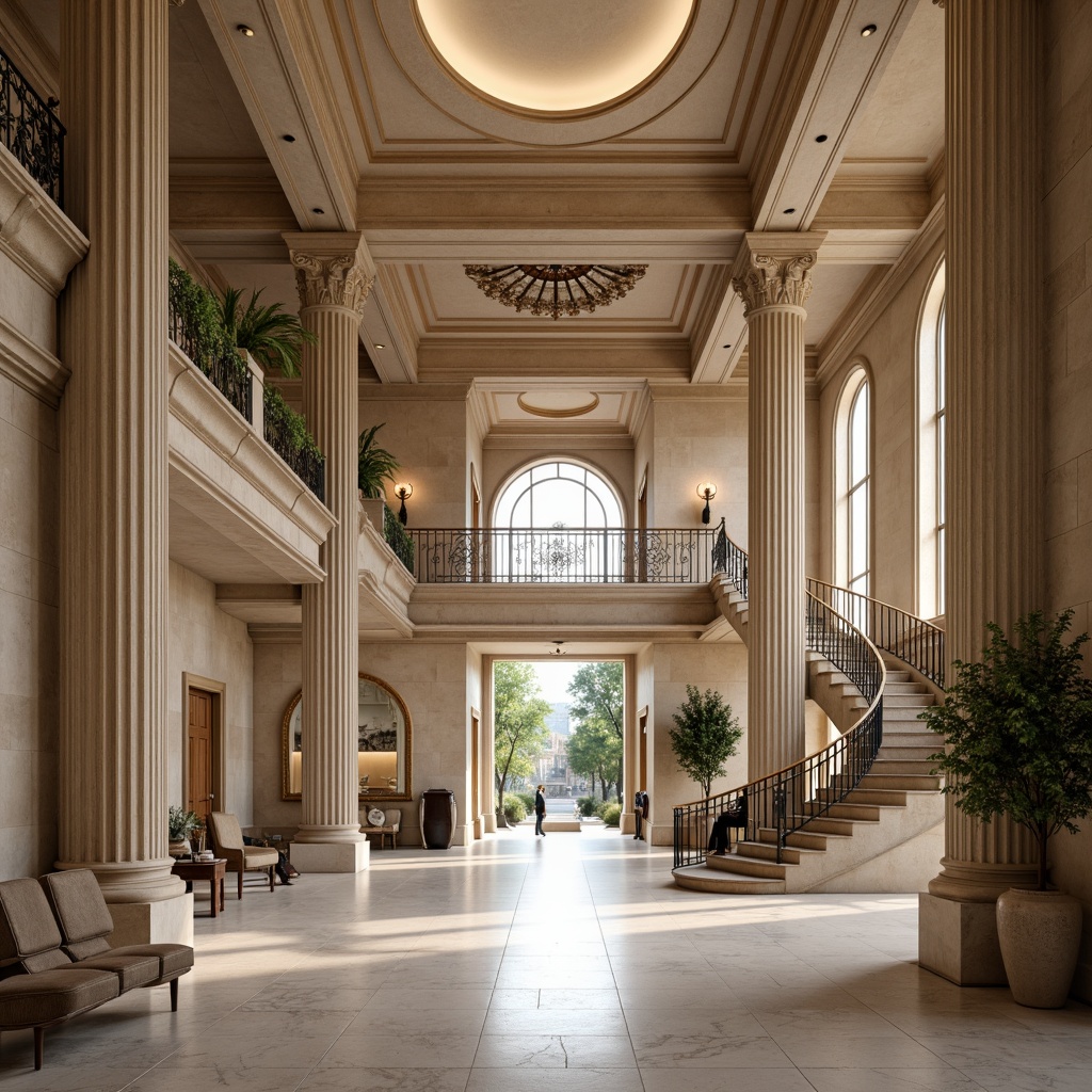 Prompt: Elegant classic architecture, symmetrical facades, balanced proportions, ornate details, grand entranceways, sweeping staircases, refined columns, arches, vaulted ceilings, intricate moldings, subtle color palette, natural stone materials, polished marble floors, high ceilings, abundant natural light, soft warm lighting, 3/4 composition, panoramic view, realistic textures, ambient occlusion.