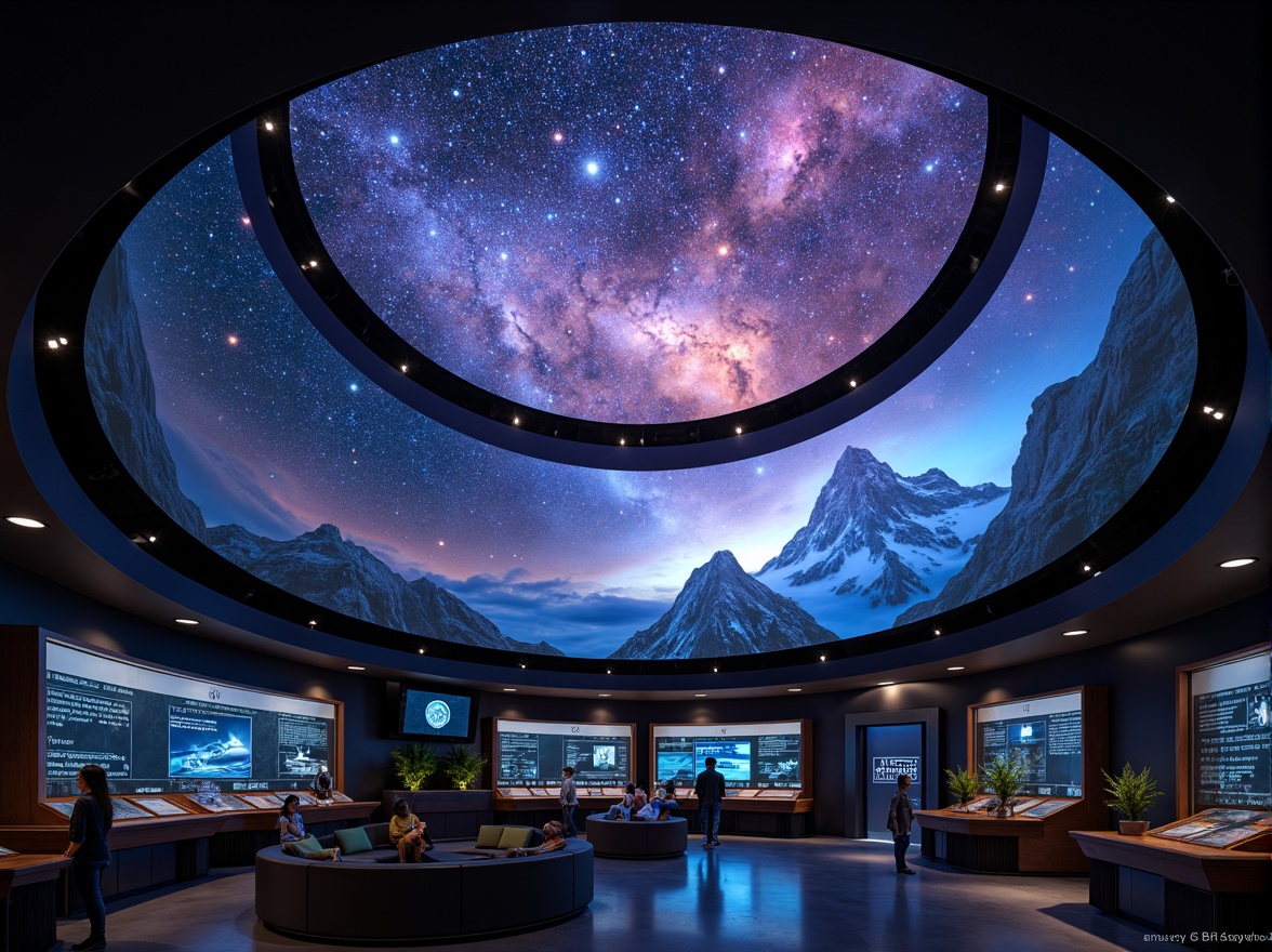 Prompt: Cosmic planetarium, immersive dome screen, starry night sky, vibrant nebulae, 3D astronomy visualizations, soft ambient glow, LED constellation lighting, fiber optic starfield ceiling, color-shifting aurora borealis, warm spotlighting, high-contrast ratio, cinematic lighting design, realistic astronomical simulations, surround sound systems, comfortable seating areas, futuristic control panels, interactive exhibit displays, educational signage, dynamic lighting transitions, 1/1 composition, shallow depth of field.