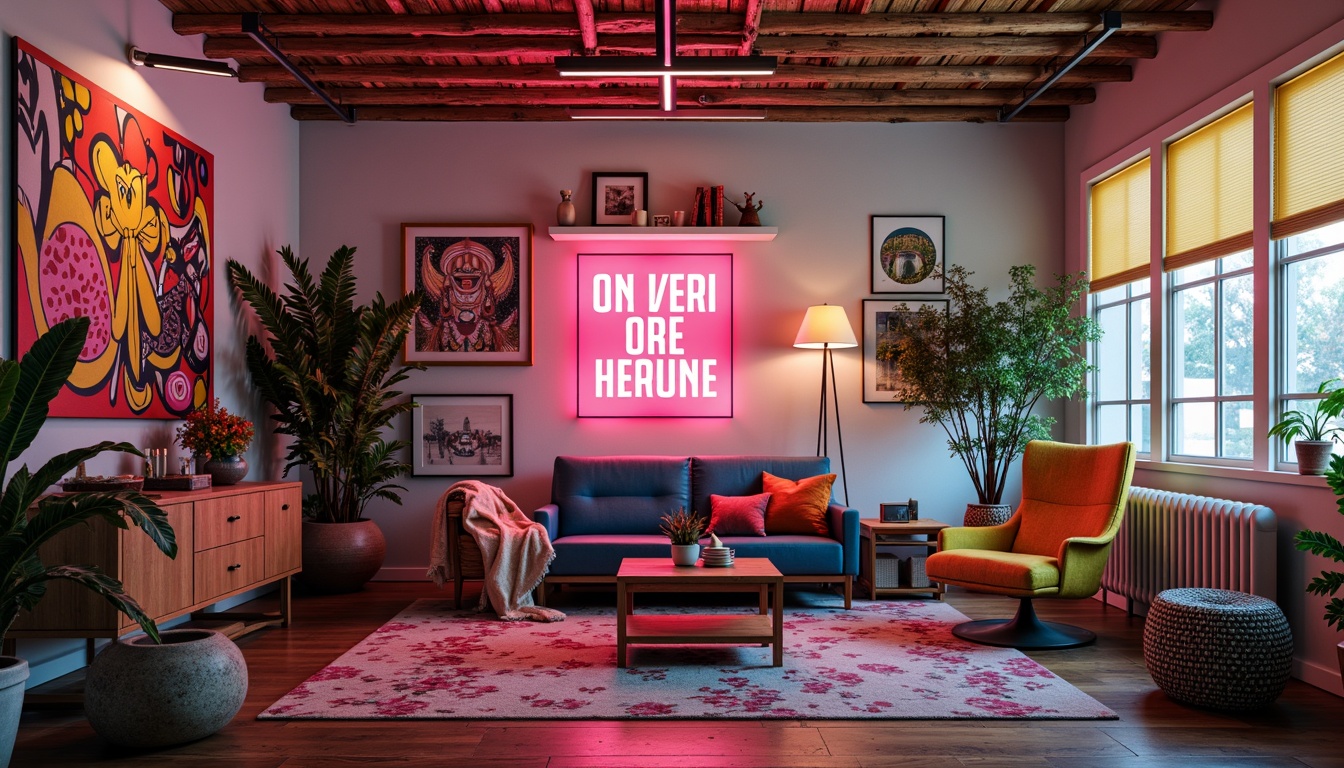 Prompt: Vibrant artistic studio, eclectic furniture, bold typography, contrasting colors, pastel hues, neon accents, metallic finishes, rich textures, abstract patterns, expressive brushstrokes, warm ambient lighting, shallow depth of field, 1/1 composition, realistic renderings, atmospheric effects.