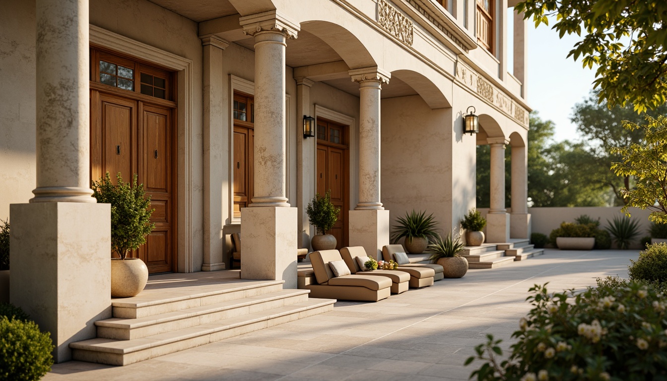 Prompt: Elegant neoclassical facade, ornate columns, carved stone details, warm beige stonework, creamy white marble, rich wood accents, gilded metalwork, subtle golden lighting, soft shadows, shallow depth of field, 2/3 composition, symmetrical layout, realistic textures, ambient occlusion, natural scenery, lush greenery, blooming flowers, serene atmosphere, morning sunlight, warm color tones.