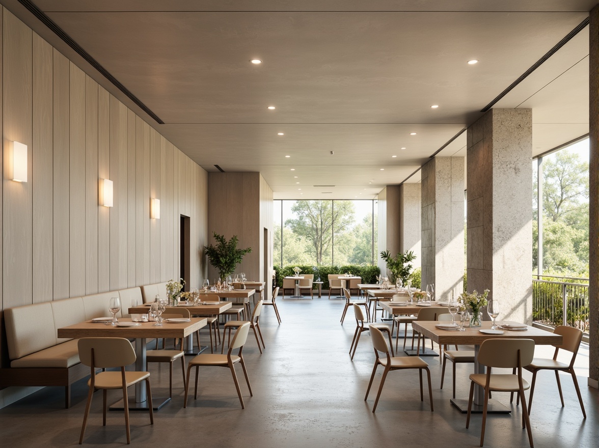 Prompt: Monochromatic dining hall, minimalist decor, neutral color palette, soft beige walls, polished concrete floors, sleek wooden tables, modern metal chairs, subtle cream accents, warm ambient lighting, shallow depth of field, 1/1 composition, realistic textures, ambient occlusion, natural stone columns, floor-to-ceiling windows, abundant natural light, serene atmosphere.