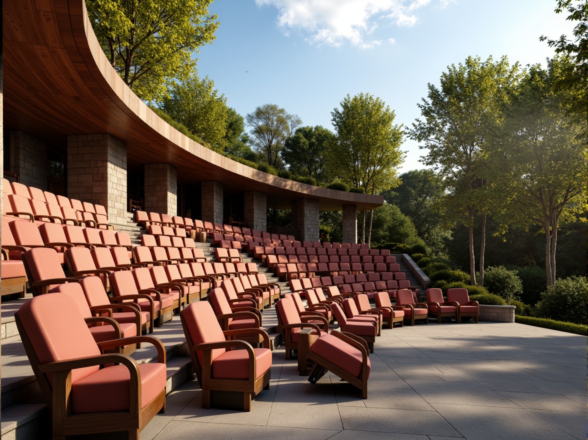 Prompt: Grand amphitheater, tiered seating, curved rows, comfortable chairs, vibrant upholstery, wooden armrests, ample legroom, gentle slope, natural stone walls, lush greenery, open-air atmosphere, sunny day, soft warm lighting, shallow depth of field, 3/4 composition, panoramic view, realistic textures, ambient occlusion.