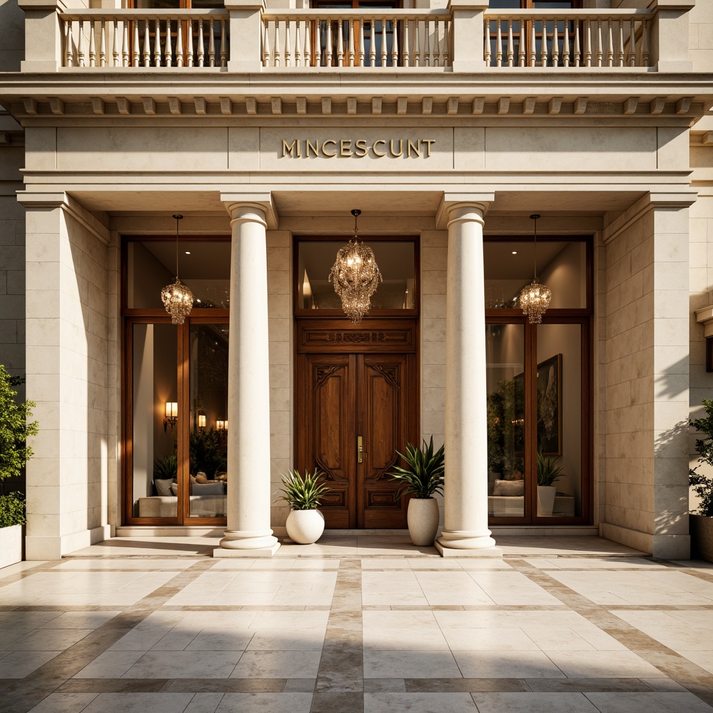 Prompt: Elegant neoclassical facade, warm beige stonework, ornate cornices, symmetrical columns, grand entranceways, intricately carved wooden doors, polished bronze hardware, refined marble flooring, lavish chandeliers, soft cream-colored walls, rich walnut paneling, subtle gilded accents, classic Greek-inspired motifs, serene natural lighting, shallow depth of field, 2/3 composition, realistic textures, ambient occlusion.