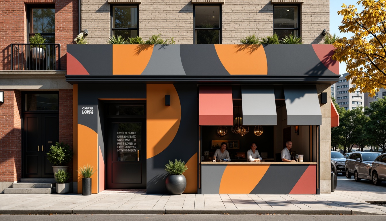 Prompt: Geometric coffee shop facade, asymmetrical composition, bold color blocking, abstract patterns, fragmented shapes, industrial materials, exposed brick walls, steel beams, concrete floors, minimalist signage, angular awnings, modernist typography, urban cityscape, busy street scene, morning sunlight, soft warm lighting, shallow depth of field, 1/1 composition, realistic textures, ambient occlusion.