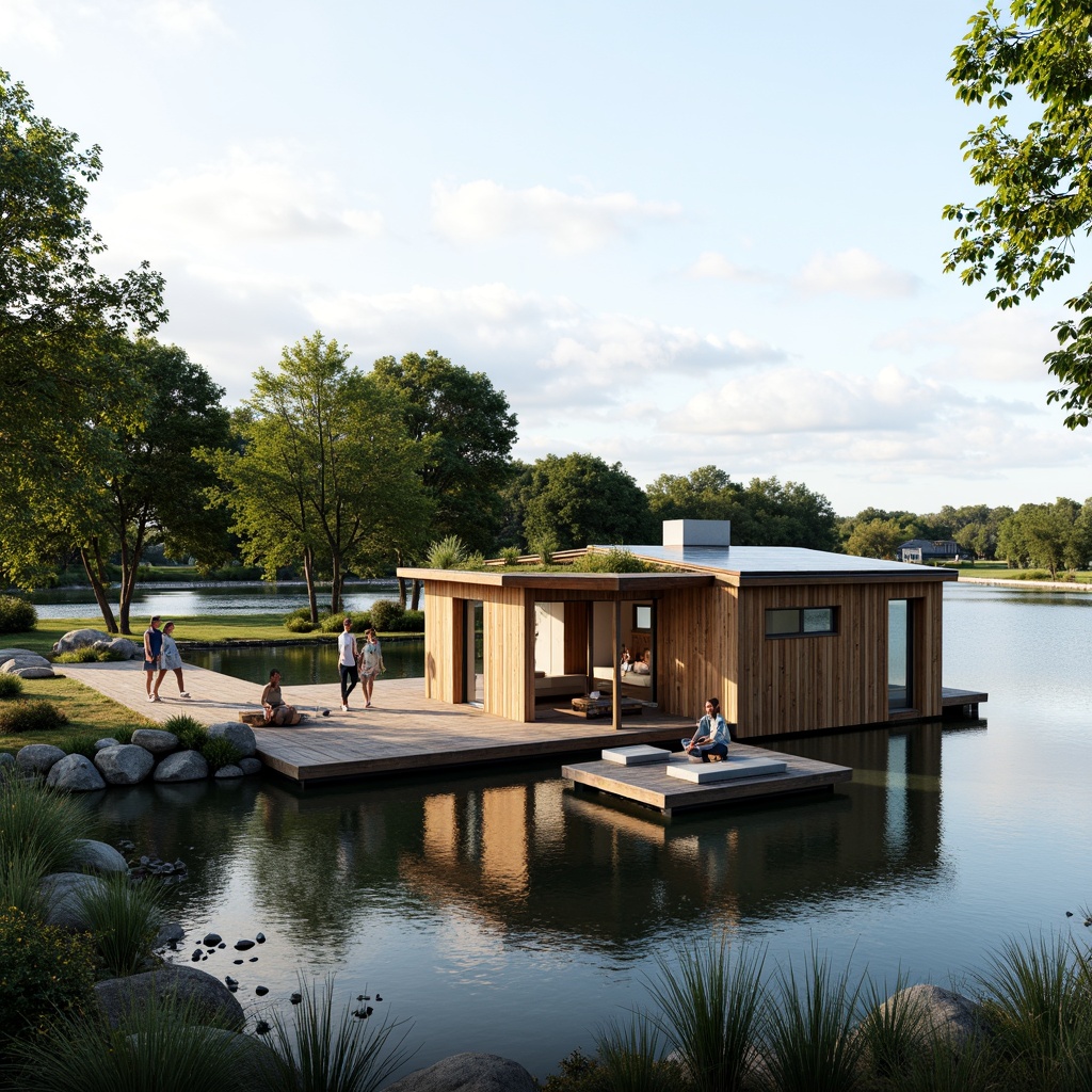 Prompt: Waterfront location, serene lake views, wooden dock, eco-friendly boathouse design, solar panels, green roofs, rainwater harvesting systems, recycled materials, natural wood textures, large windows, sliding glass doors, minimal environmental impact, sustainable energy solutions, wind turbines, bio-inspired architecture, organic forms, living walls, native plant species, shallow water reflections, soft warm lighting, realistic textures, ambient occlusion.