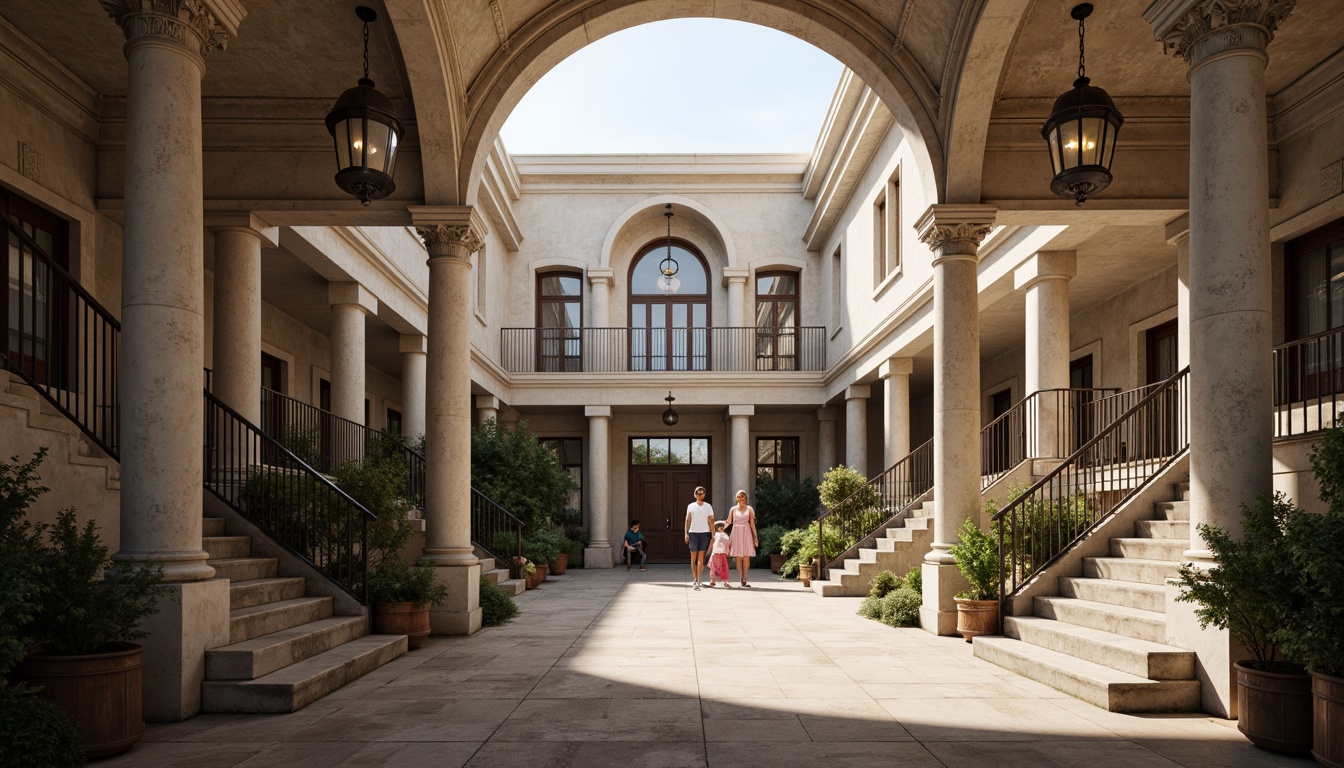 Prompt: Symmetrical school fa\u00e7ade, classical arches, ornate columns, elegant pediments, richly textured stone walls, subtle cornice details, grand entranceways, sweeping staircases, ornamental railings, vintage lanterns, muted earthy tones, soft afternoon sunlight, shallow depth of field, 1/1 composition, realistic textures, ambient occlusion.